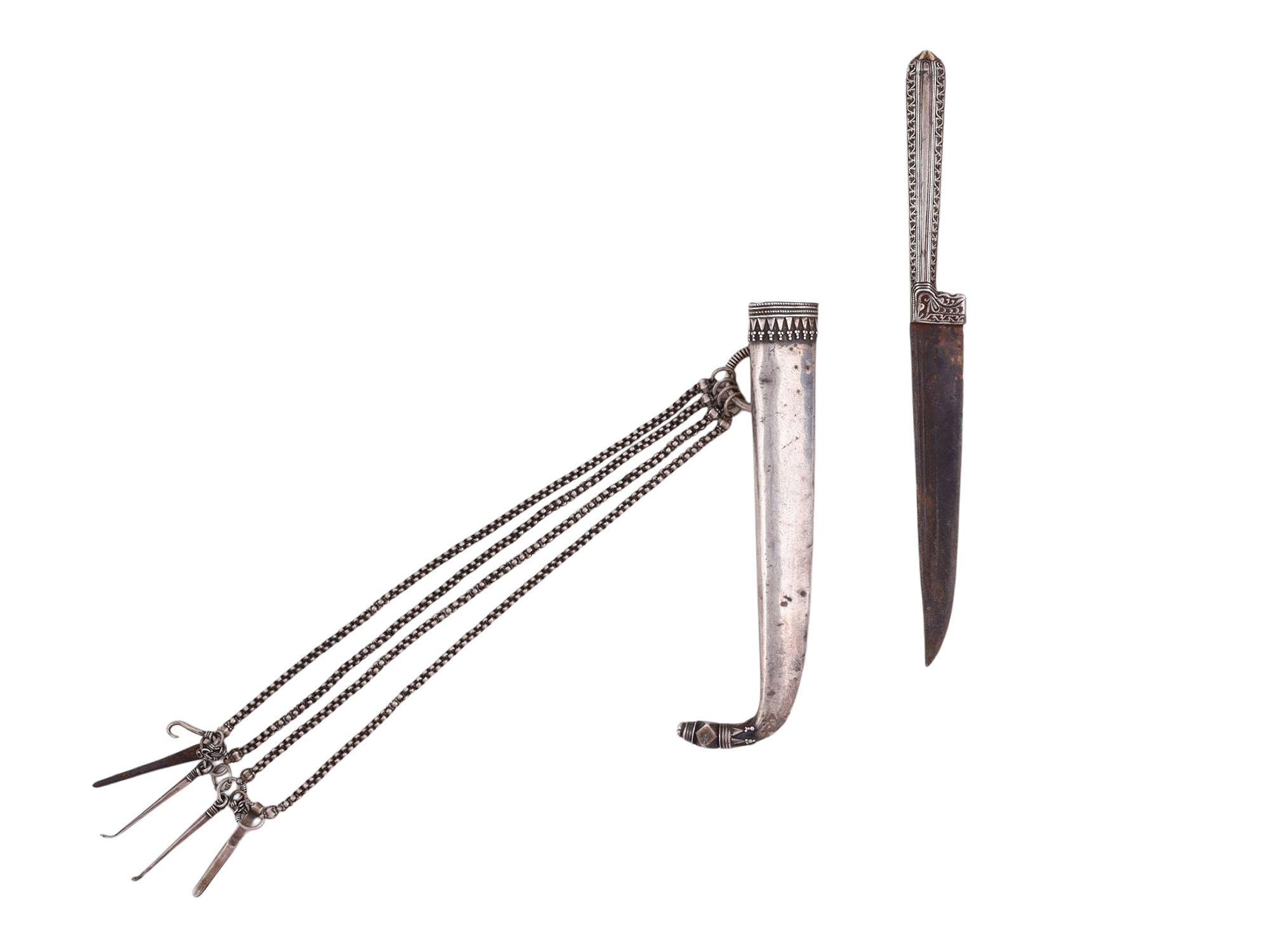 A KARD DAGGER WITH CURVED SILVER SHEATH AND CHATELAINE TOOL SET, 19TH CENTURY