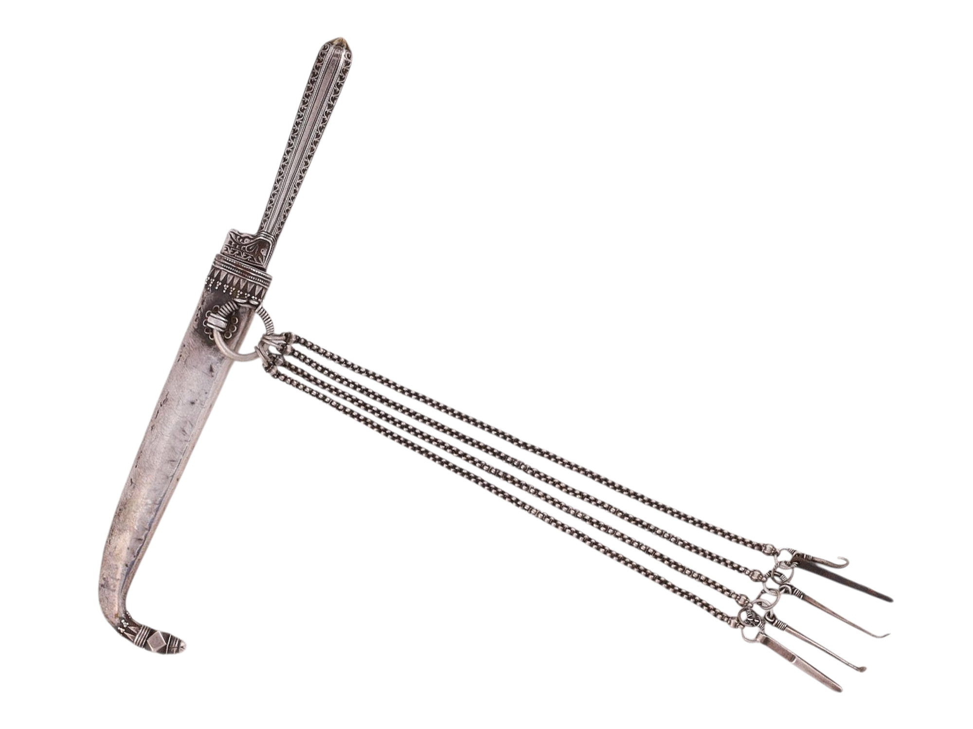 A KARD DAGGER WITH CURVED SILVER SHEATH AND CHATELAINE TOOL SET, 19TH CENTURY