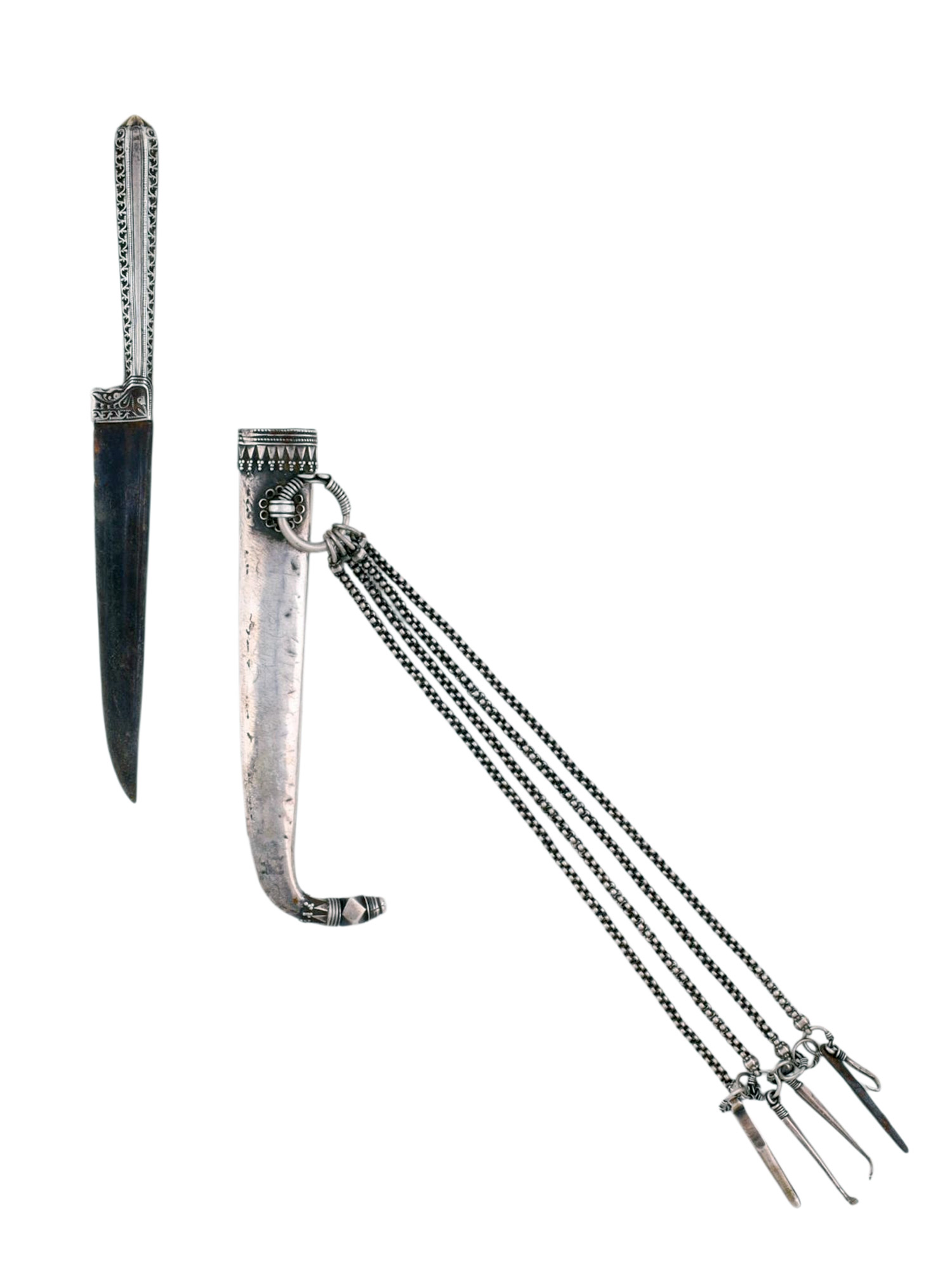 A KARD DAGGER WITH CURVED SILVER SHEATH AND CHATELAINE TOOL SET, 19TH CENTURY