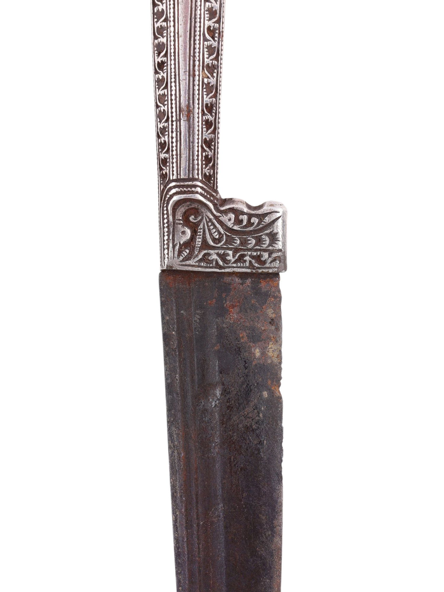A KARD DAGGER WITH CURVED SILVER SHEATH AND CHATELAINE TOOL SET, 19TH CENTURY