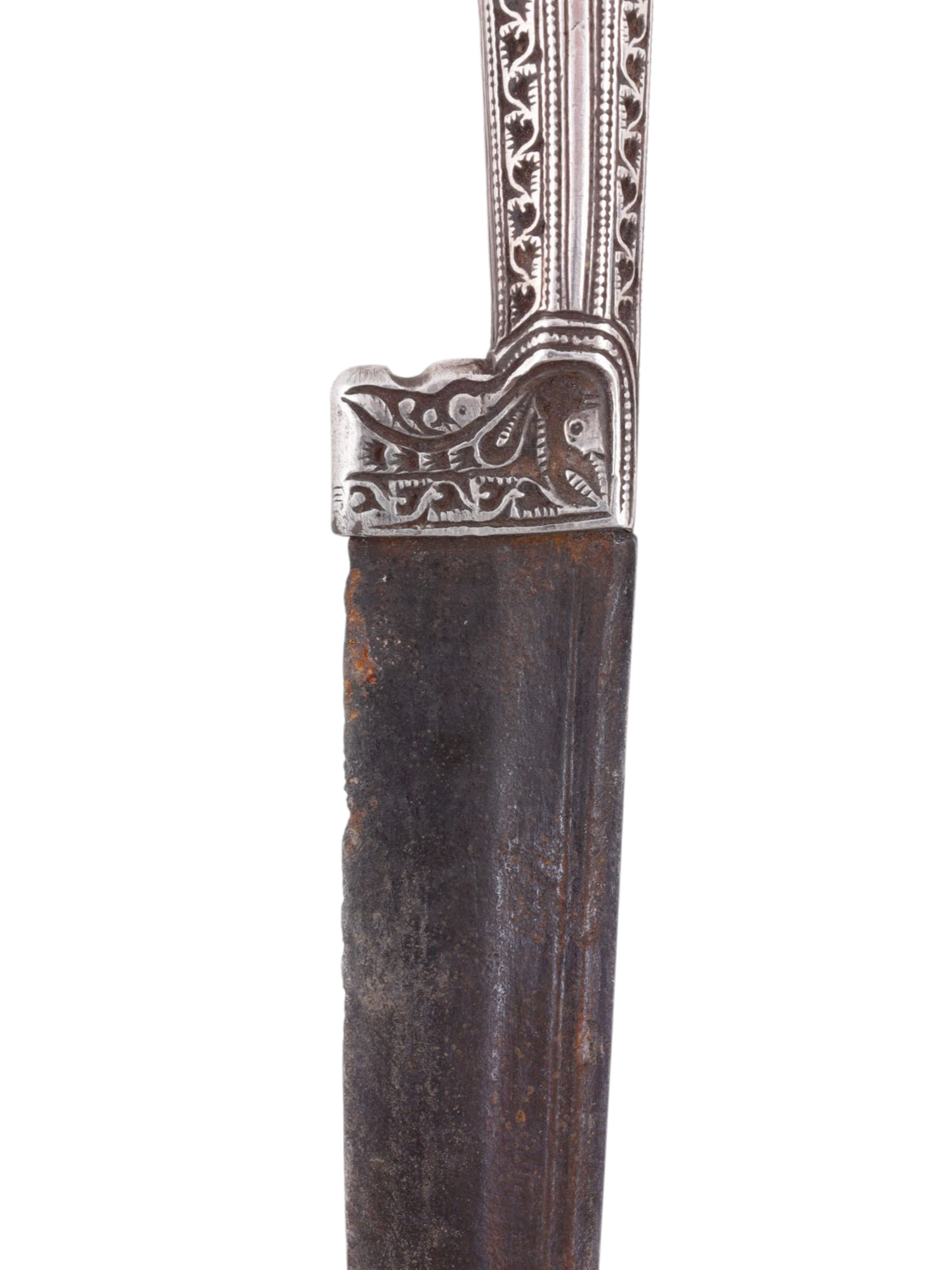 A KARD DAGGER WITH CURVED SILVER SHEATH AND CHATELAINE TOOL SET, 19TH CENTURY