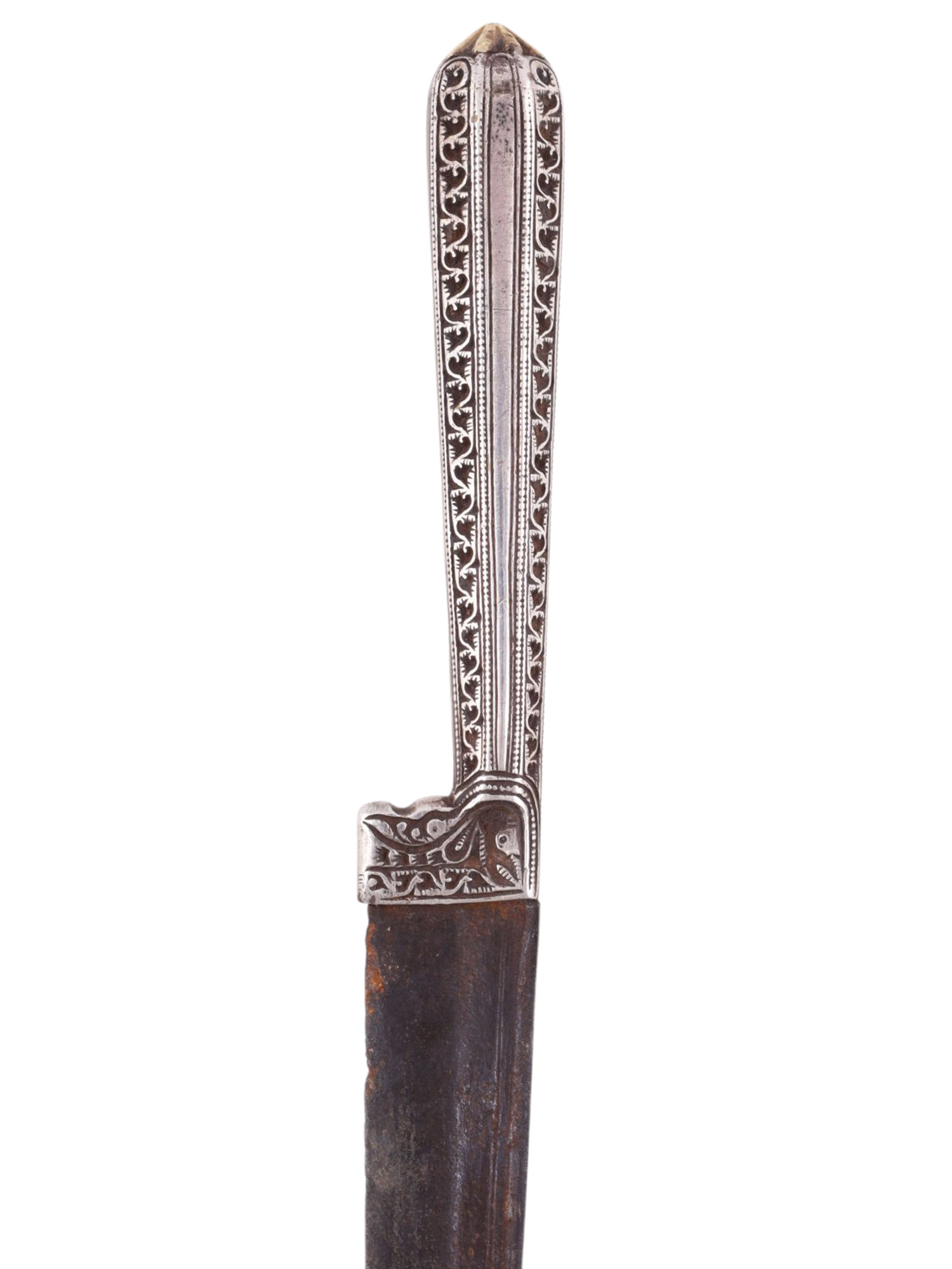 A KARD DAGGER WITH CURVED SILVER SHEATH AND CHATELAINE TOOL SET, 19TH CENTURY