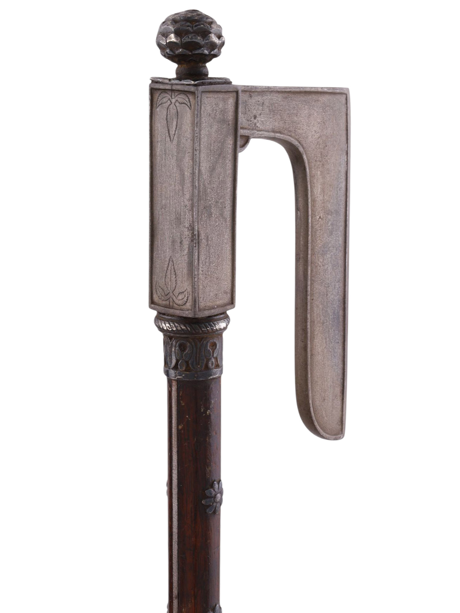 A RARE OTTOMAN OR PERSIAN FARSA OR TABAR AXE WITH L-SHAPED WOOTZ STEEL BLADE, 19TH CENTURY