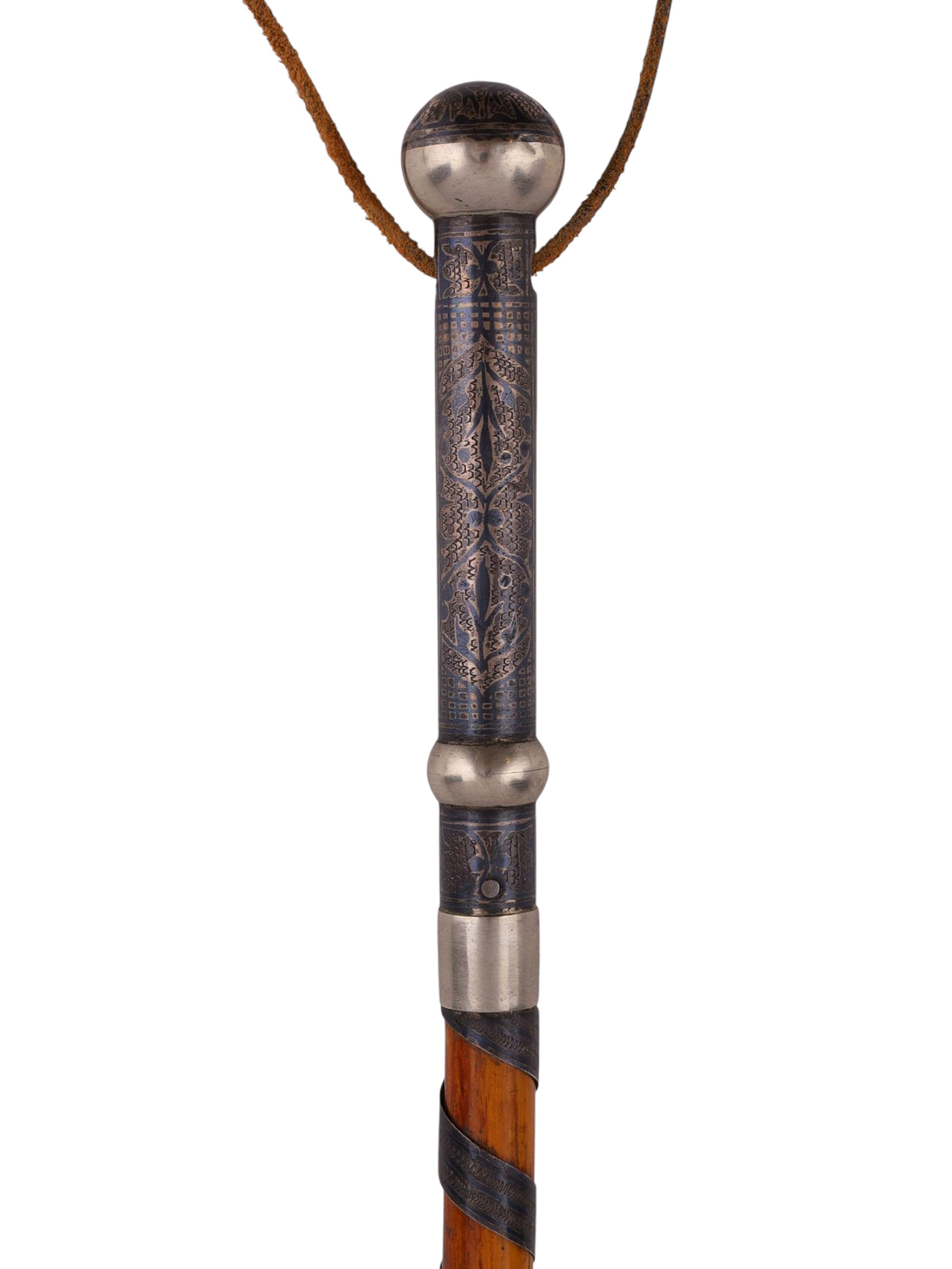 A SILVER AND NIELLO-MOUNTED CAUCASIAN RIDING CROP, 19TH CENTURY