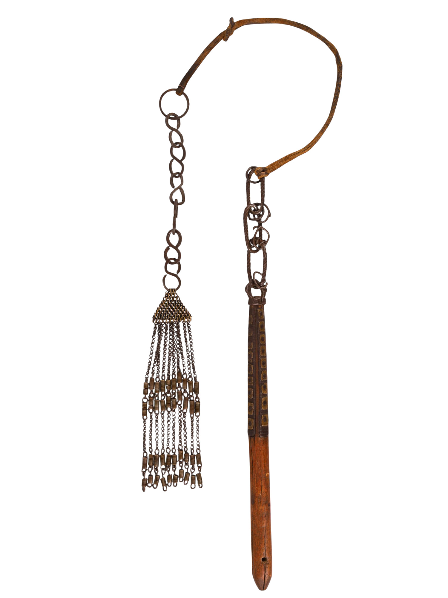 A MEDIEVAL FORGED IRON CHAIN TASSEL AND WHIP HANDLE, PROBABLY EQUESTRIAN, 15TH-16TH CENTURY