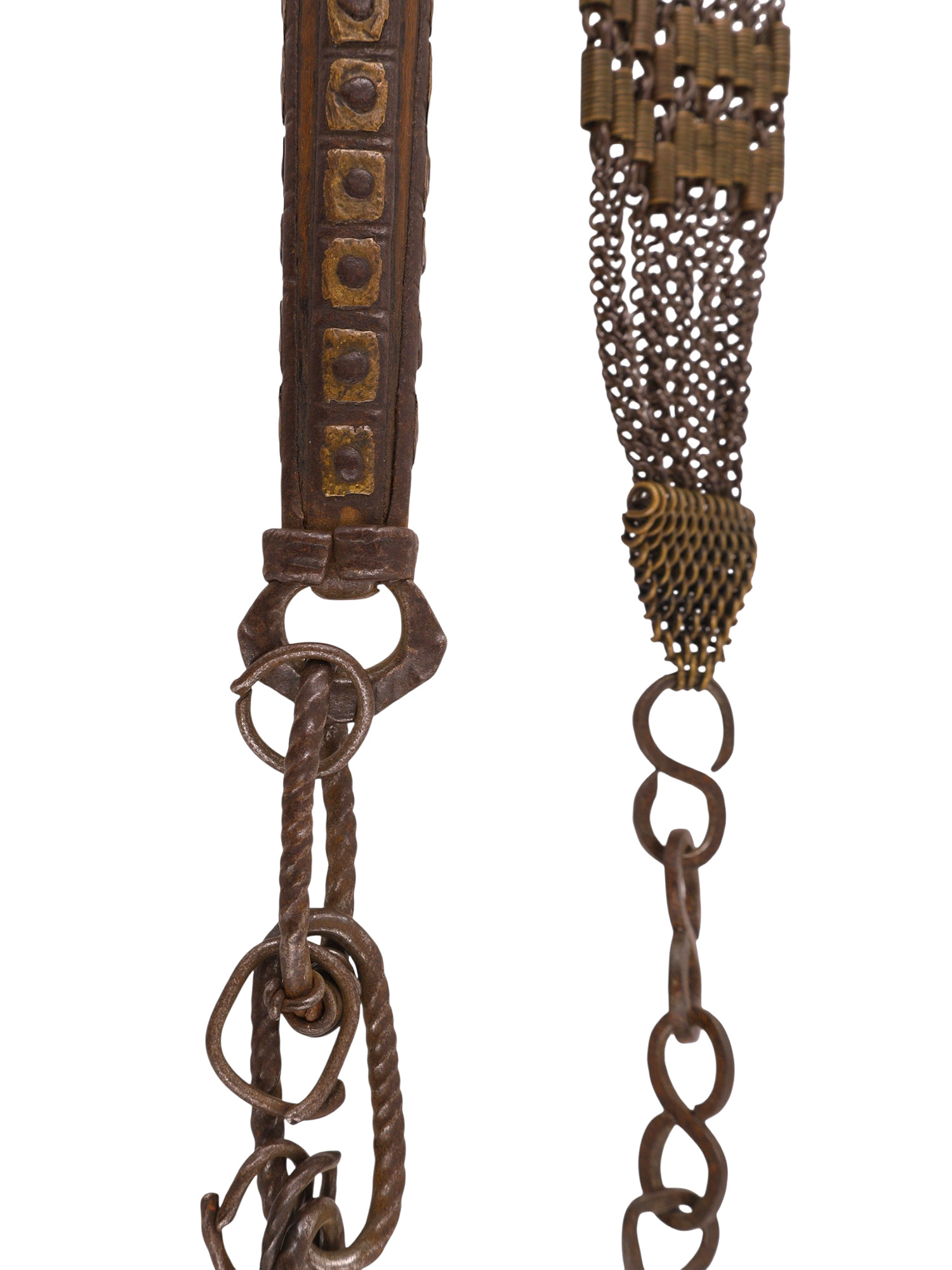 A MEDIEVAL FORGED IRON CHAIN TASSEL AND WHIP HANDLE, PROBABLY EQUESTRIAN, 15TH-16TH CENTURY