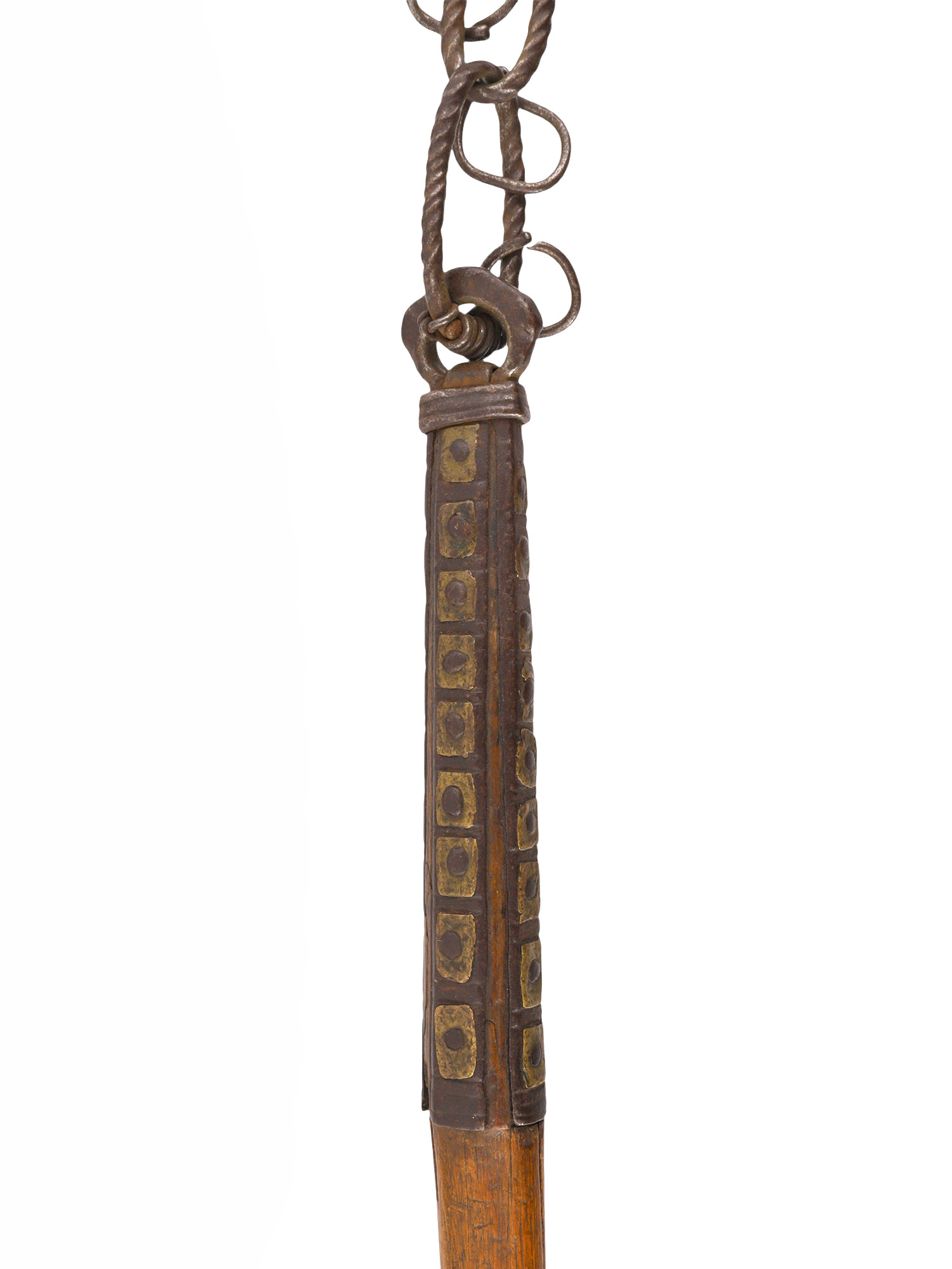 A MEDIEVAL FORGED IRON CHAIN TASSEL AND WHIP HANDLE, PROBABLY EQUESTRIAN, 15TH-16TH CENTURY