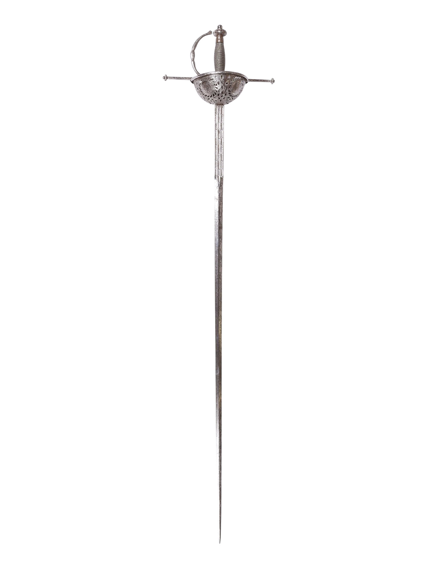 AN ENGRAVED SPANISH CUP-HILT TAZA RAPIER, CIRCA 17TH CENTURY