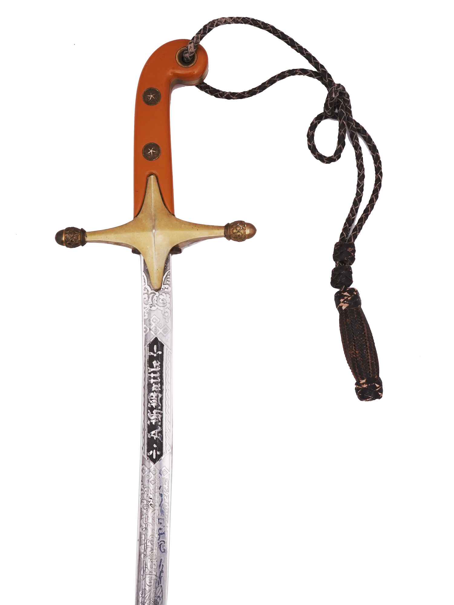 A US MARINE PARADE SWORD WITH LEATHER CARRYING CASE,