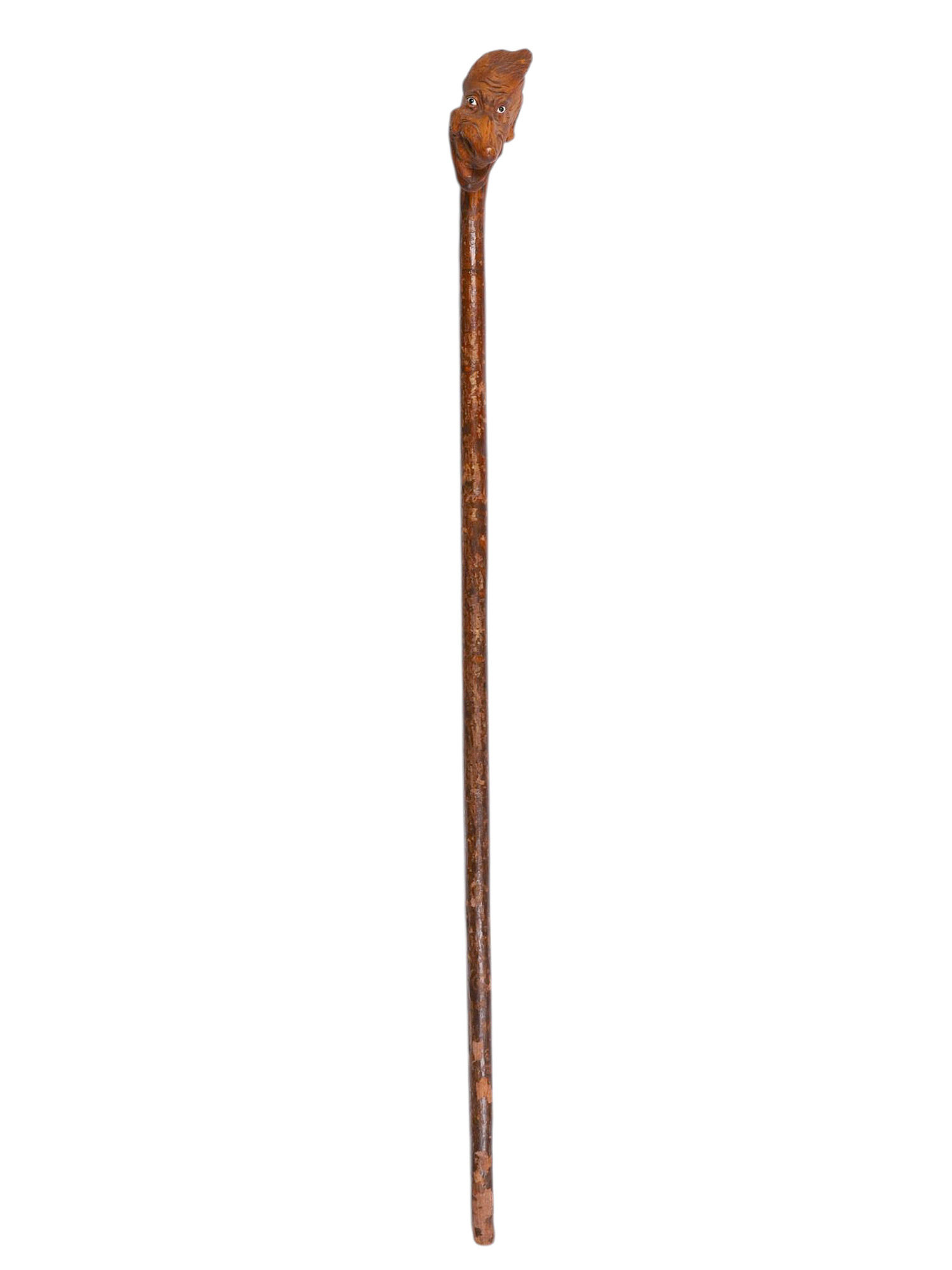 A LARGE CARVED WOOD WALKING STICK WITH MYTHOLOGICAL MASKED HANDLE, LATE 19TH CENTURY