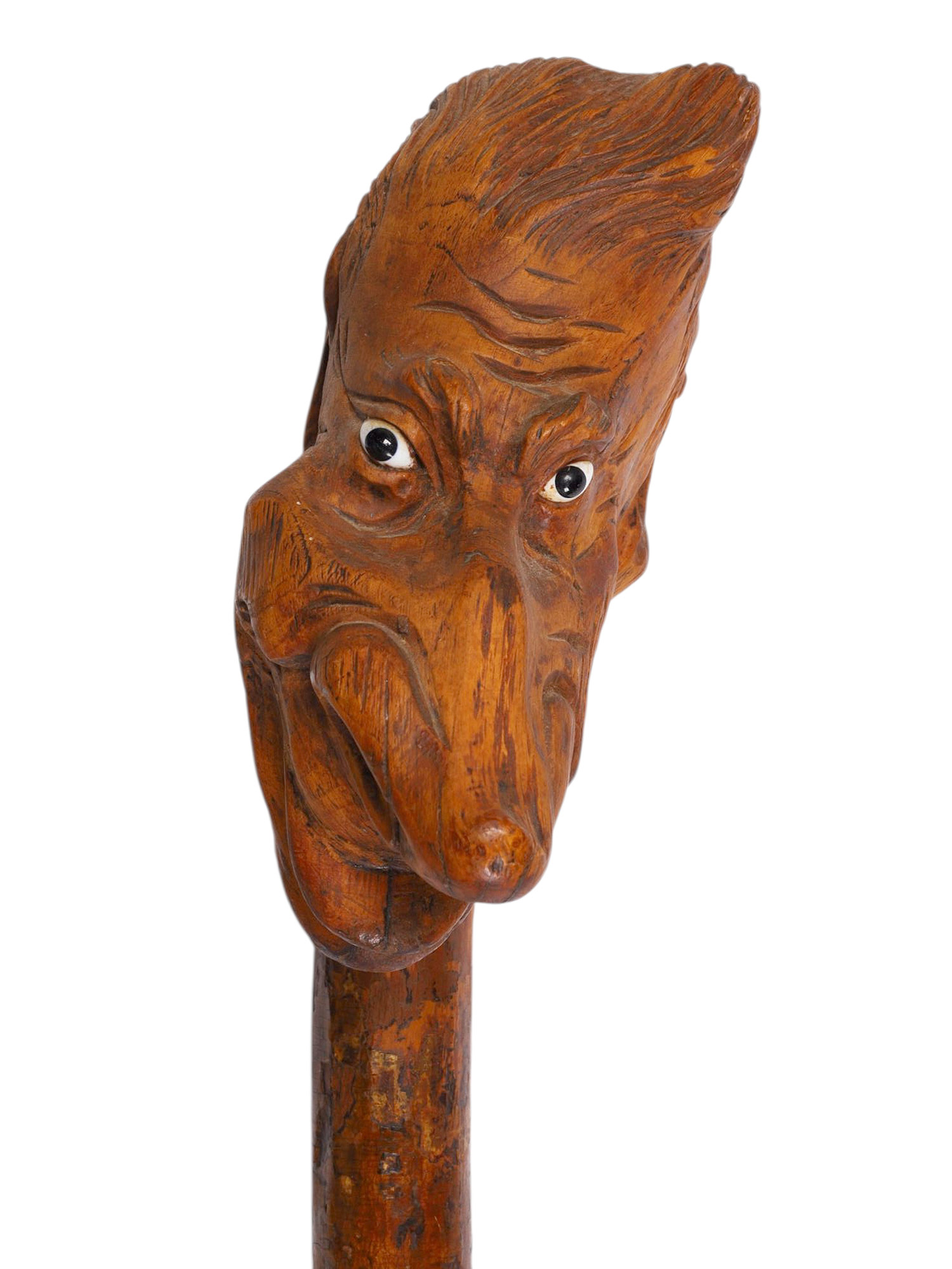 A LARGE CARVED WOOD WALKING STICK WITH MYTHOLOGICAL MASKED HANDLE, LATE 19TH CENTURY