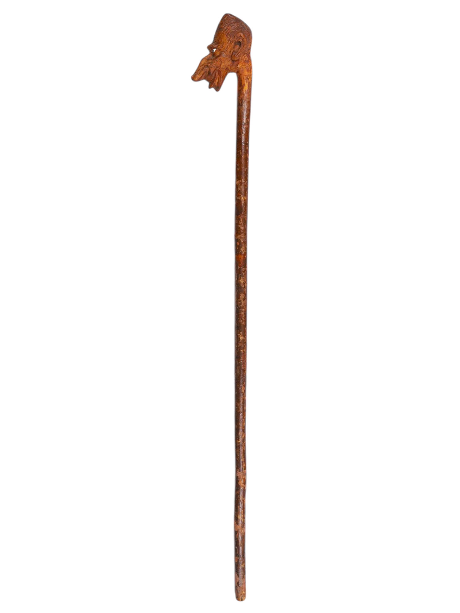 A LARGE CARVED WOOD WALKING STICK WITH MYTHOLOGICAL MASKED HANDLE, LATE 19TH CENTURY