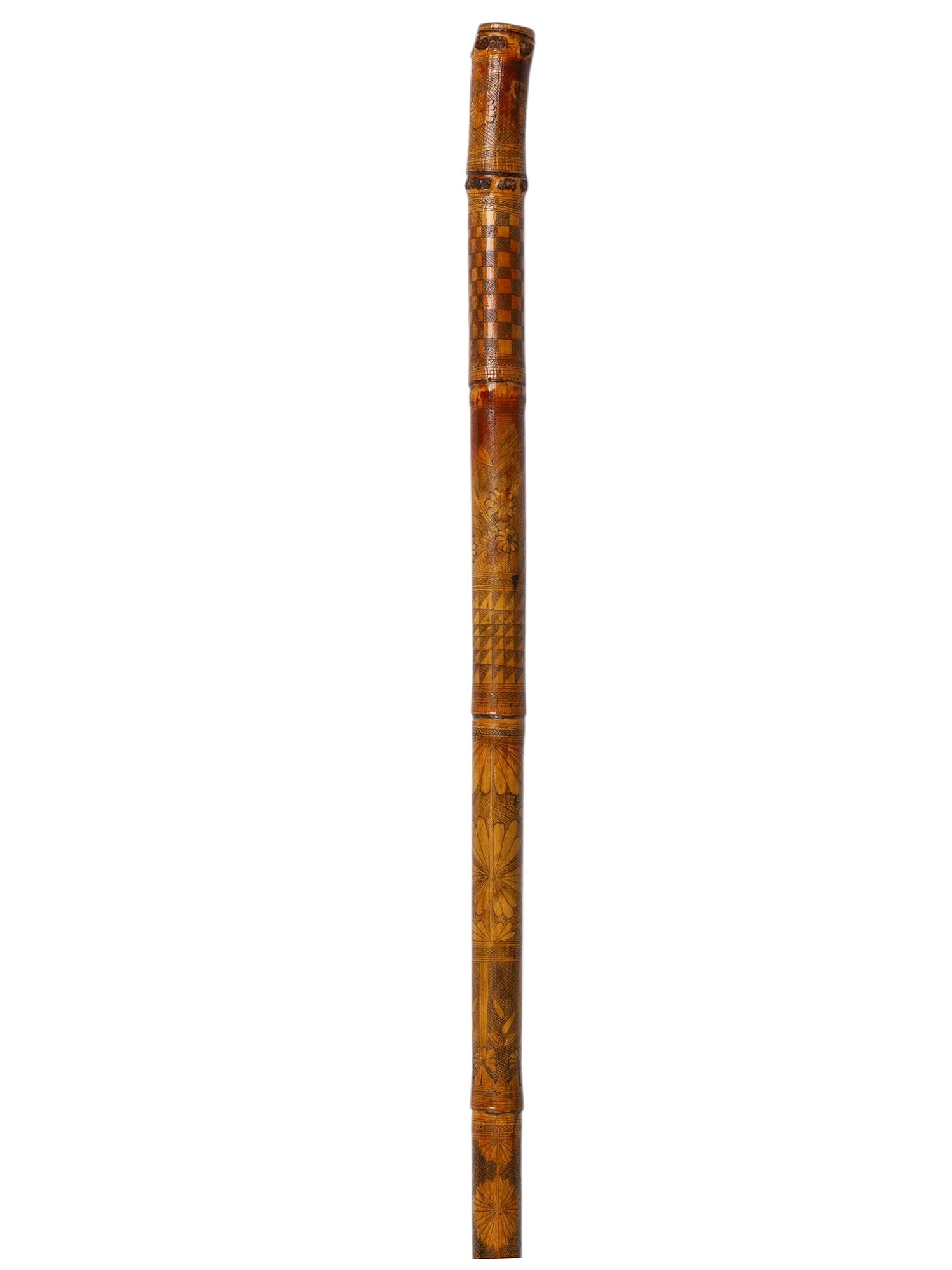 A JAPANESE ENGRAVED BAMBOO WALKING STICK OR CANE, 19TH CENTURY