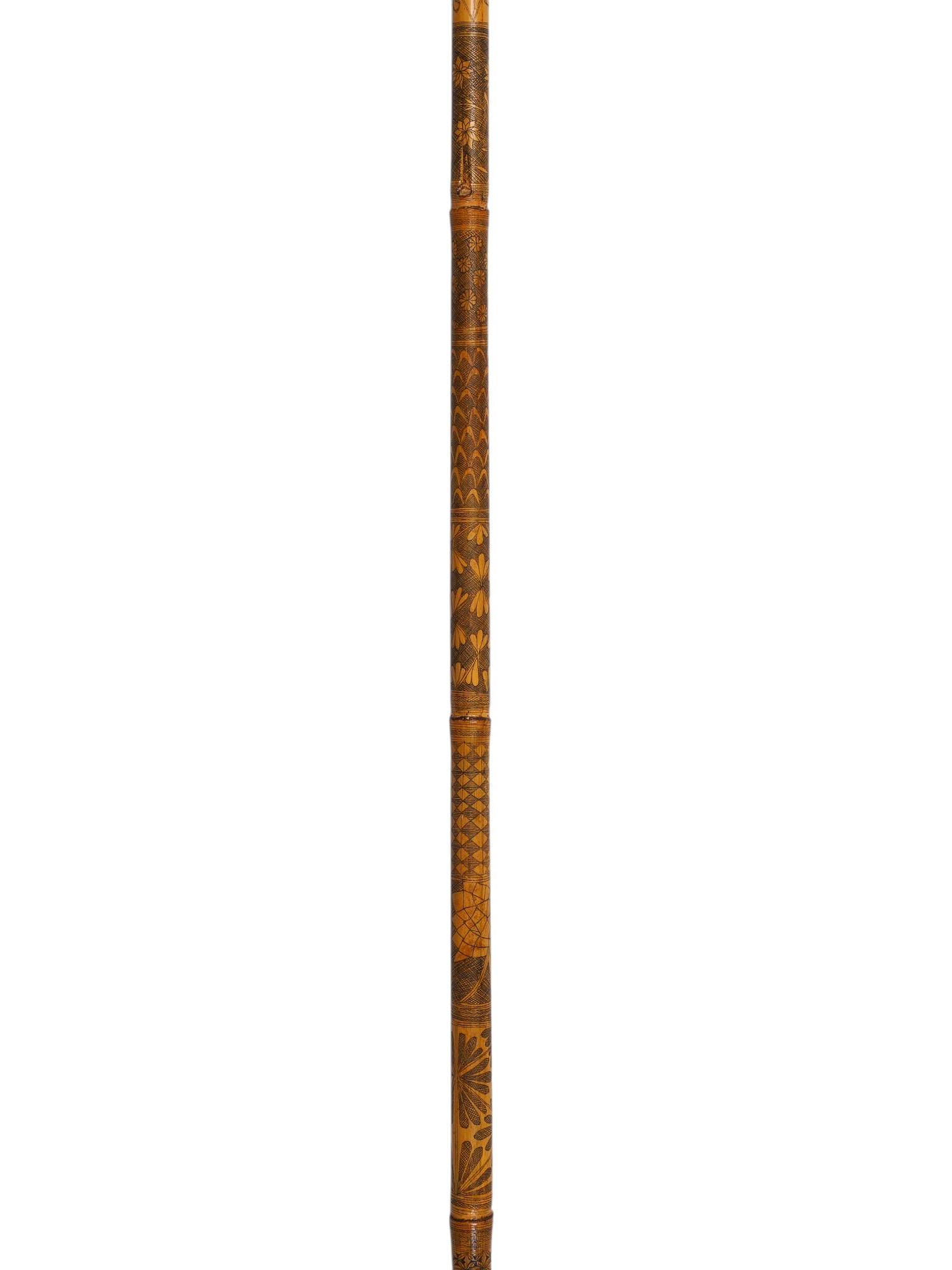 A JAPANESE ENGRAVED BAMBOO WALKING STICK OR CANE, 19TH CENTURY