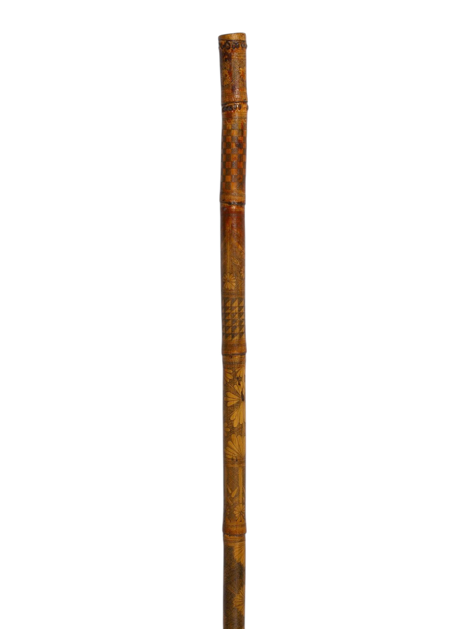 A JAPANESE ENGRAVED BAMBOO WALKING STICK OR CANE, 19TH CENTURY