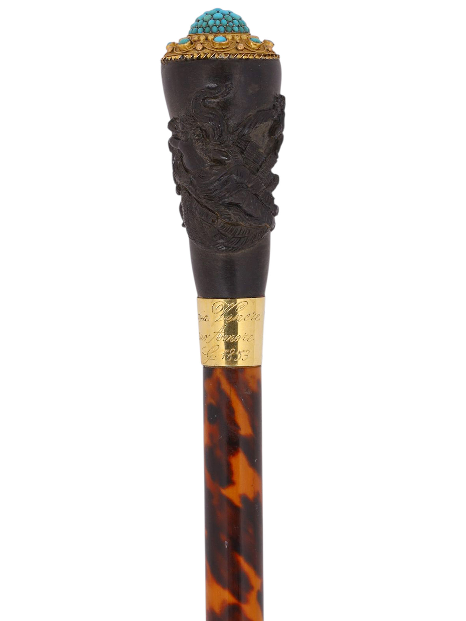 A FRENCH GOLD AND TURQUOISE SET PRESENTATION CANE, MID 19TH CENTURY