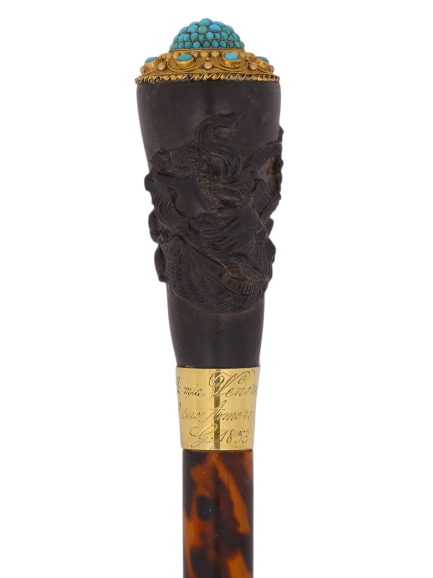 A FRENCH GOLD AND TURQUOISE SET PRESENTATION CANE, MID 19TH CENTURY