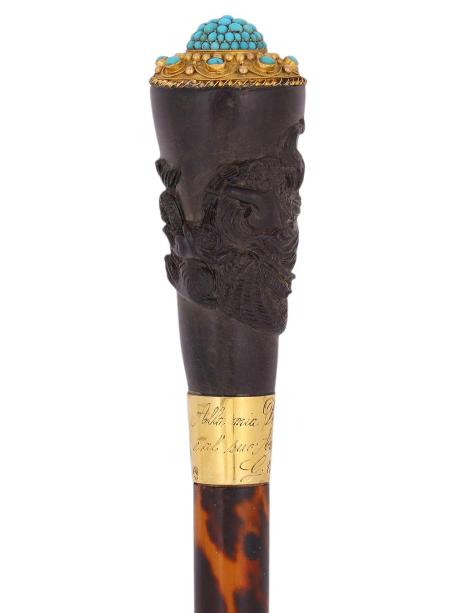 A FRENCH GOLD AND TURQUOISE SET PRESENTATION CANE, MID 19TH CENTURY