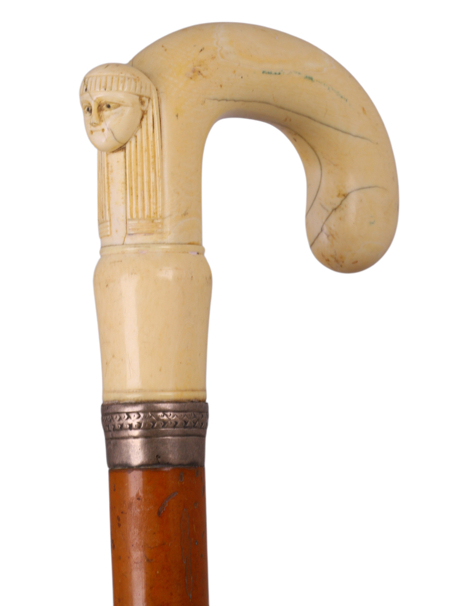 AN EGYPTIAN REVIVAL CARVED BONE-HANDLED WALKING CANE, LATE 19TH CENTURY