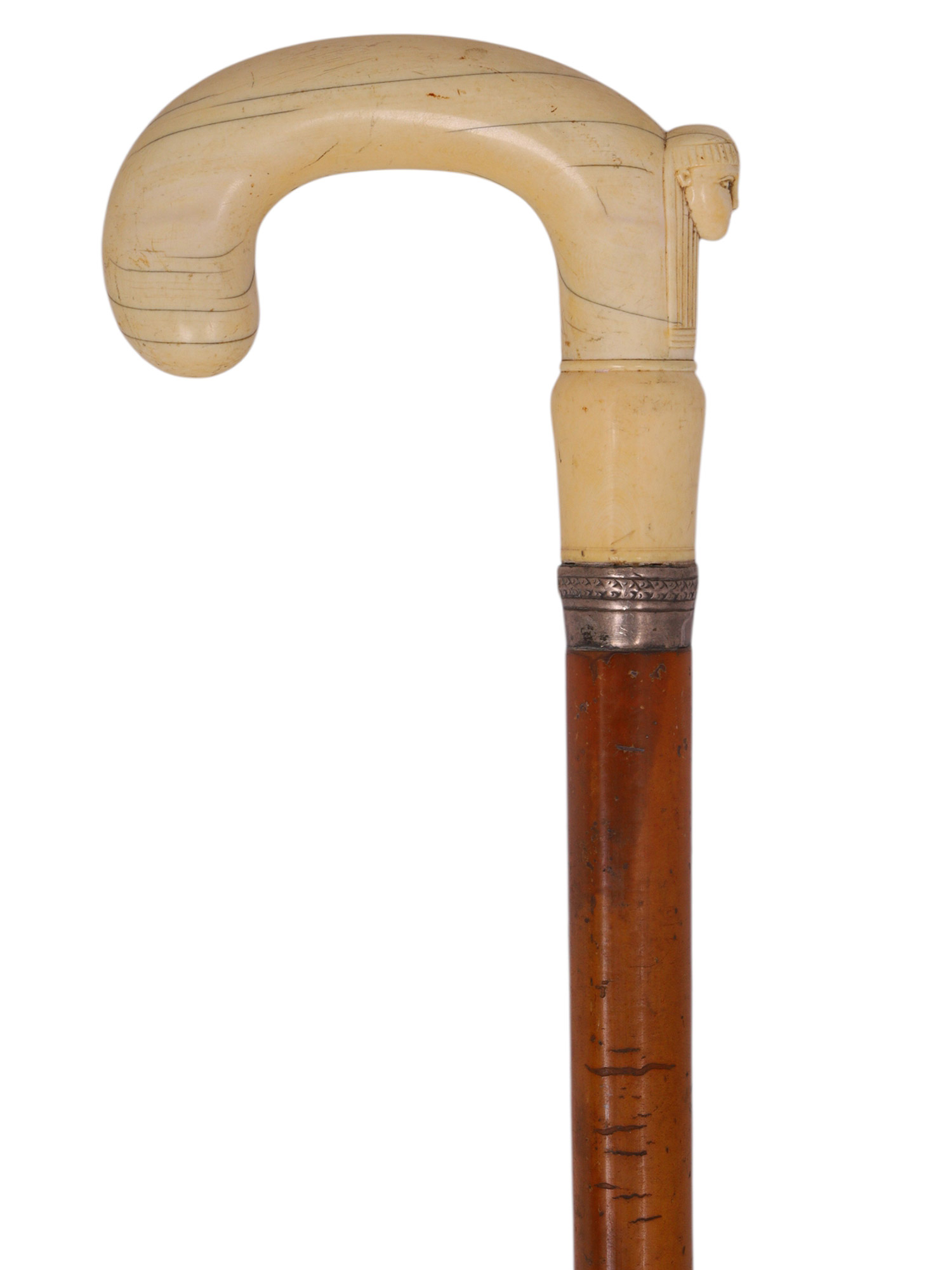 AN EGYPTIAN REVIVAL CARVED BONE-HANDLED WALKING CANE, LATE 19TH CENTURY