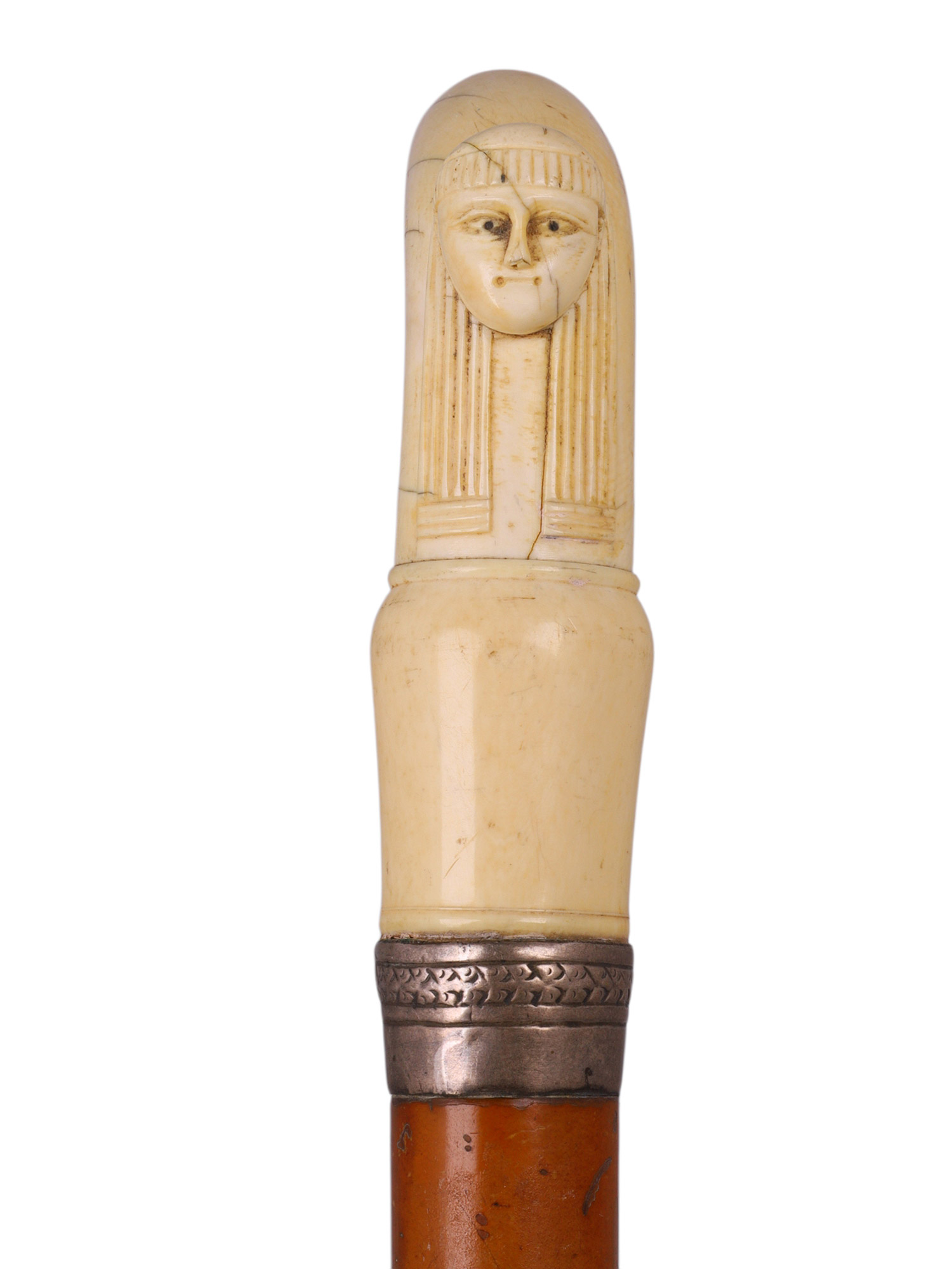 AN EGYPTIAN REVIVAL CARVED BONE-HANDLED WALKING CANE, LATE 19TH CENTURY