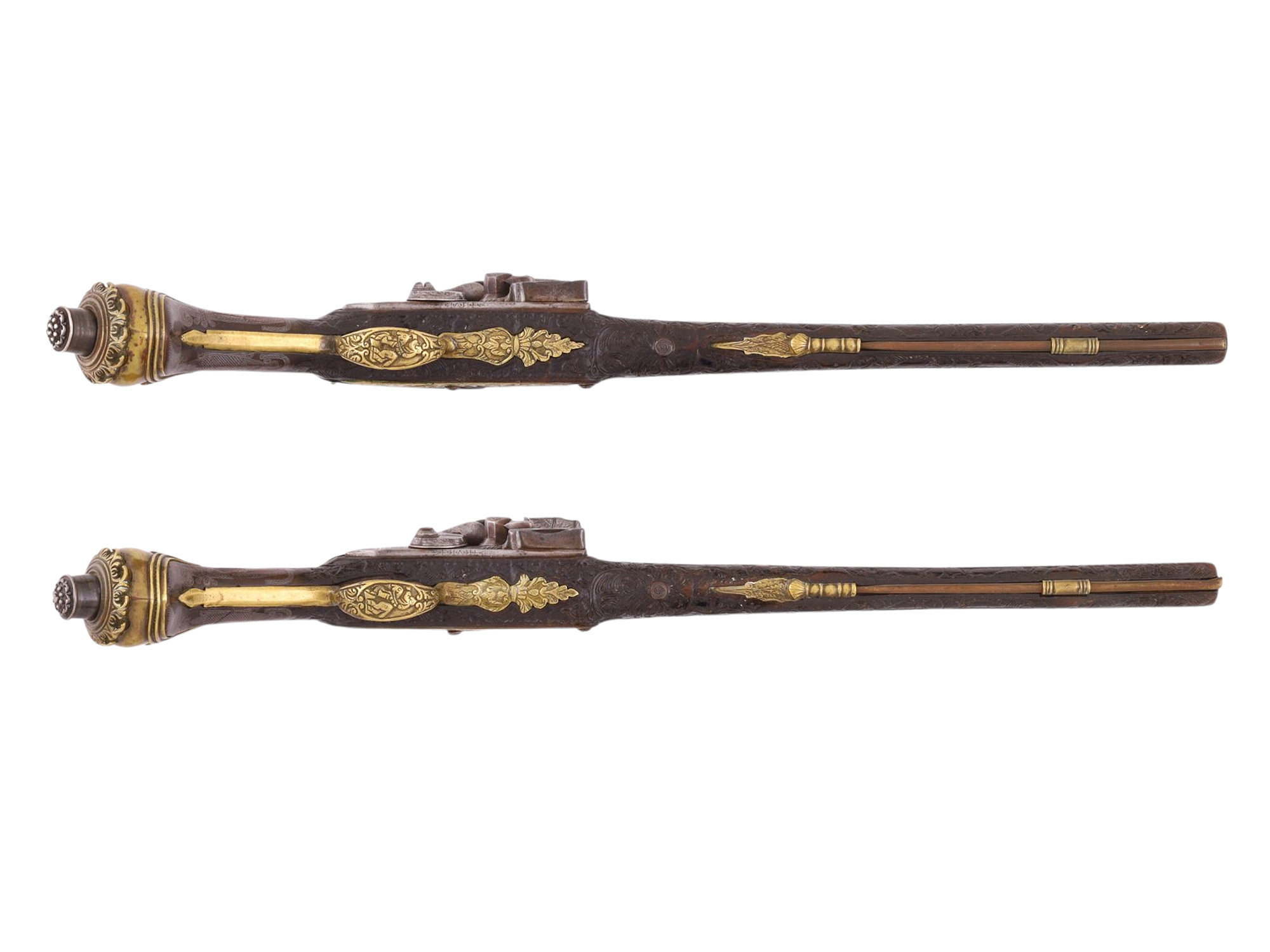 A PAIR OF MATCHED SILVER-MOUNTED DAMASCUS STEEL OTTOMAN FLINTLOCK PISTOLS, EARLY 19TH CENTURY
