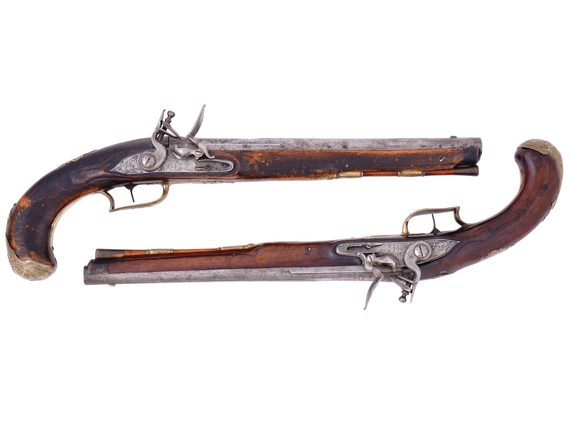 A MATCHED PAIR OF EUROPEAN FLINTLOCK PISTOLS, PROBABLY CENTRAL OR NORTHERN EUROPE, MID–LATE 18TH CENTURY