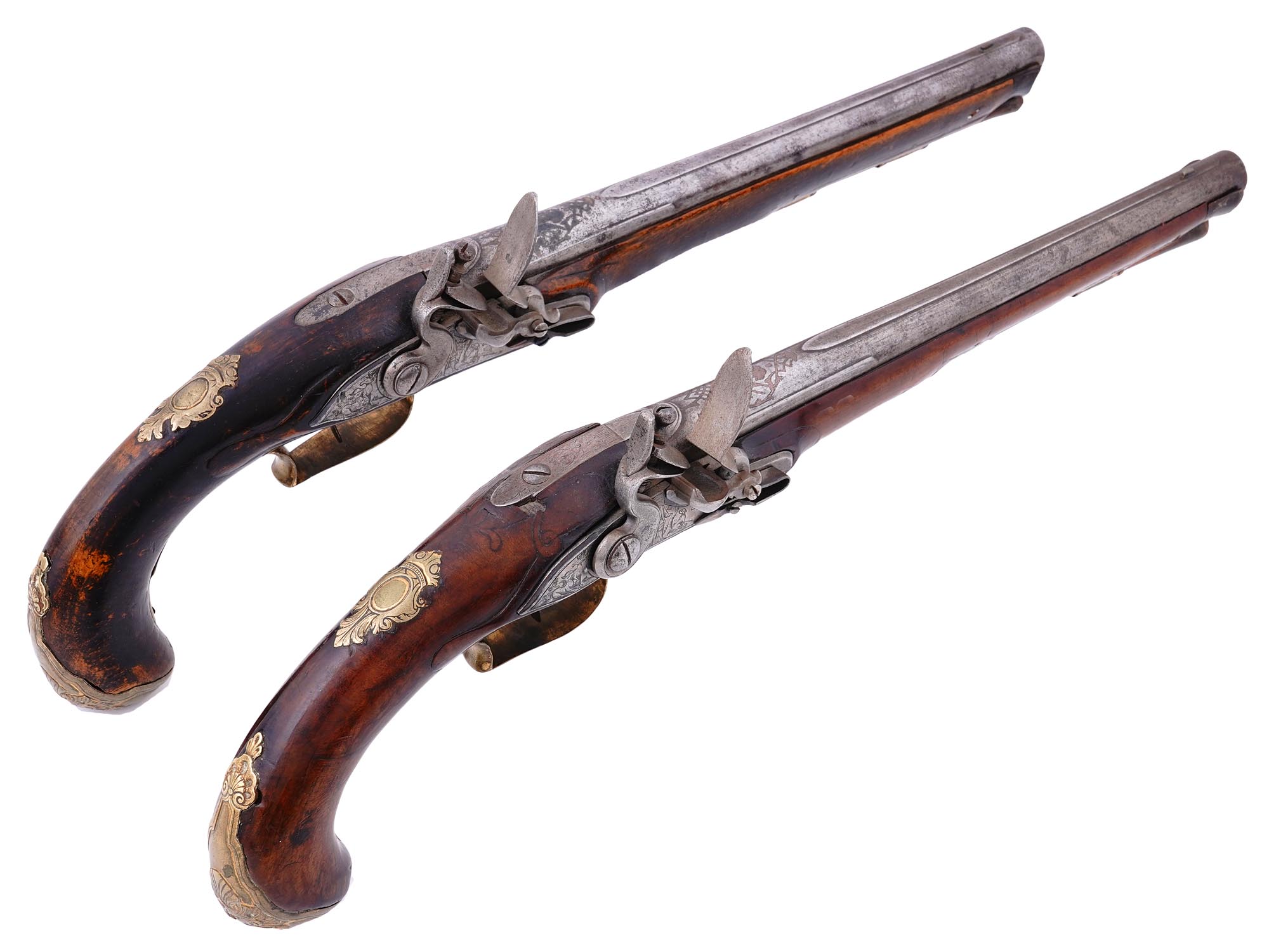 A MATCHED PAIR OF EUROPEAN FLINTLOCK PISTOLS, PROBABLY CENTRAL OR NORTHERN EUROPE, MID–LATE 18TH CENTURY