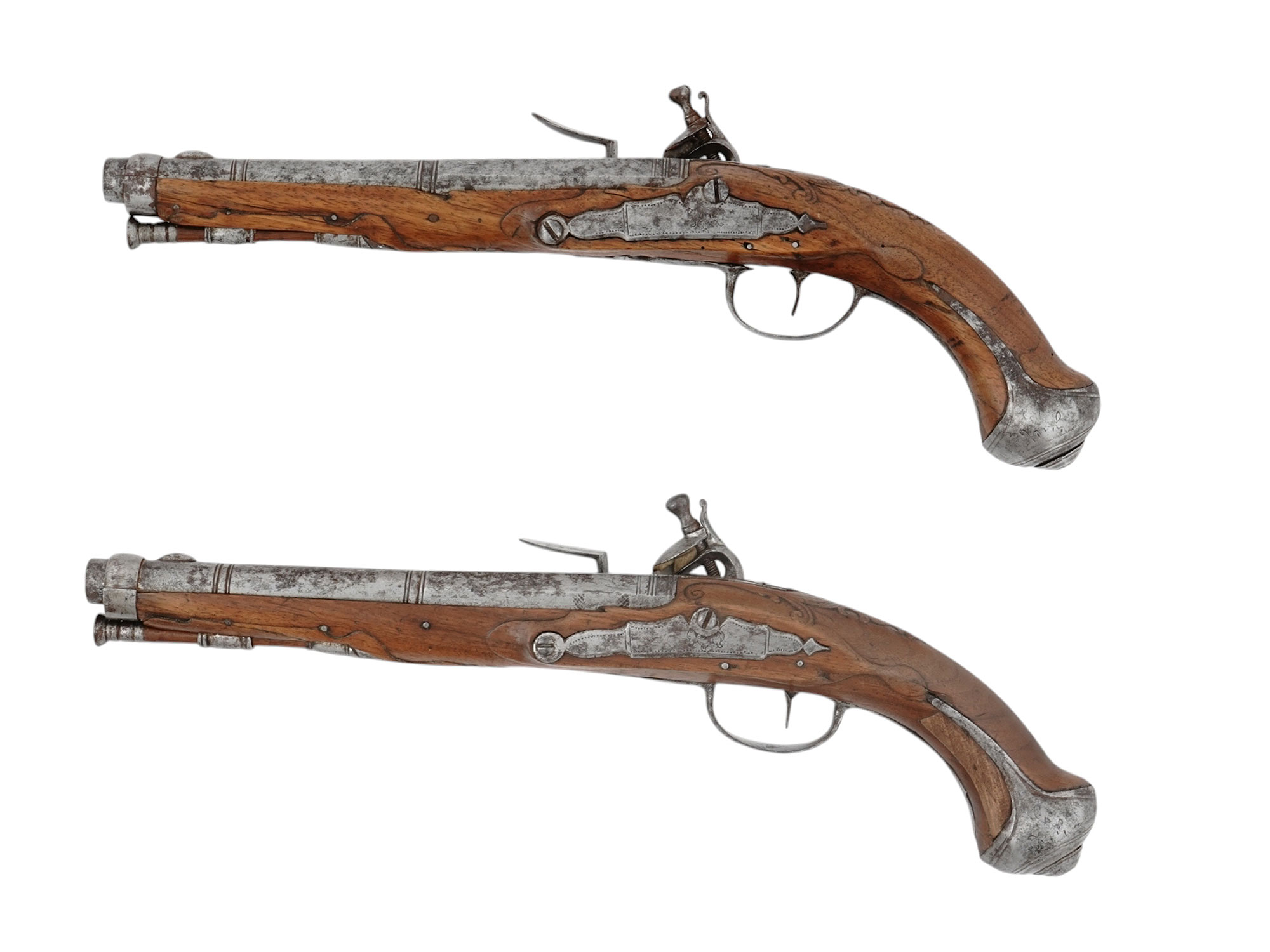 A MATCHED PAIR OF EUROPEAN FLINTLOCK PISTOLS, 18TH CENTURY