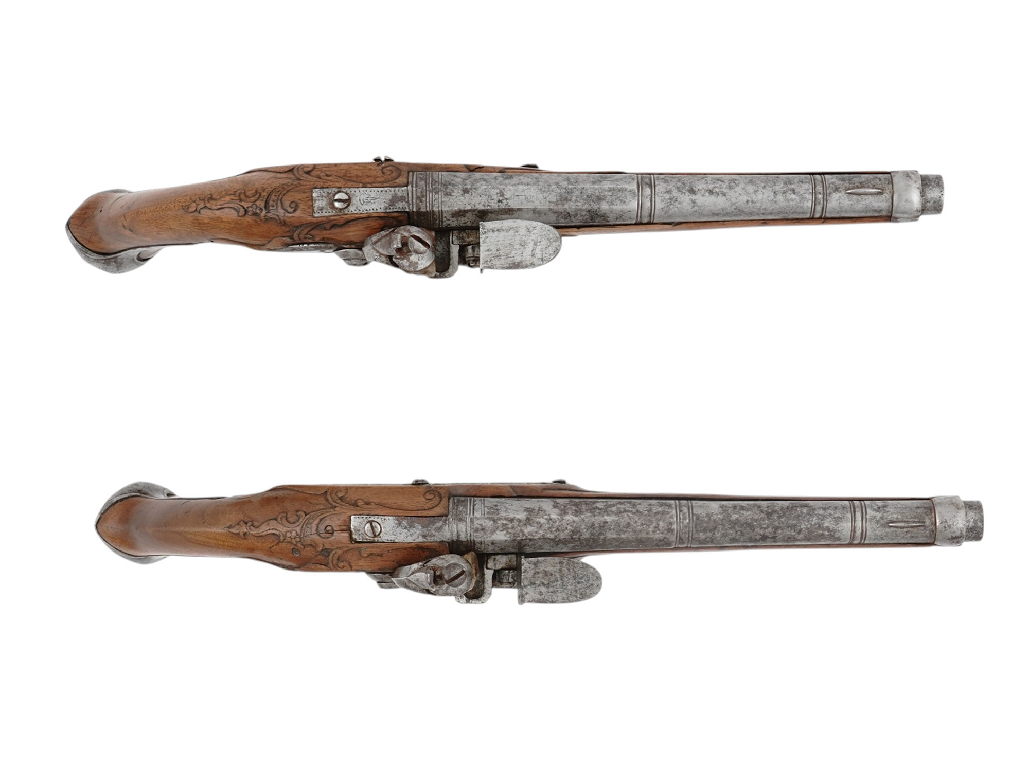 A MATCHED PAIR OF EUROPEAN FLINTLOCK PISTOLS, 18TH CENTURY