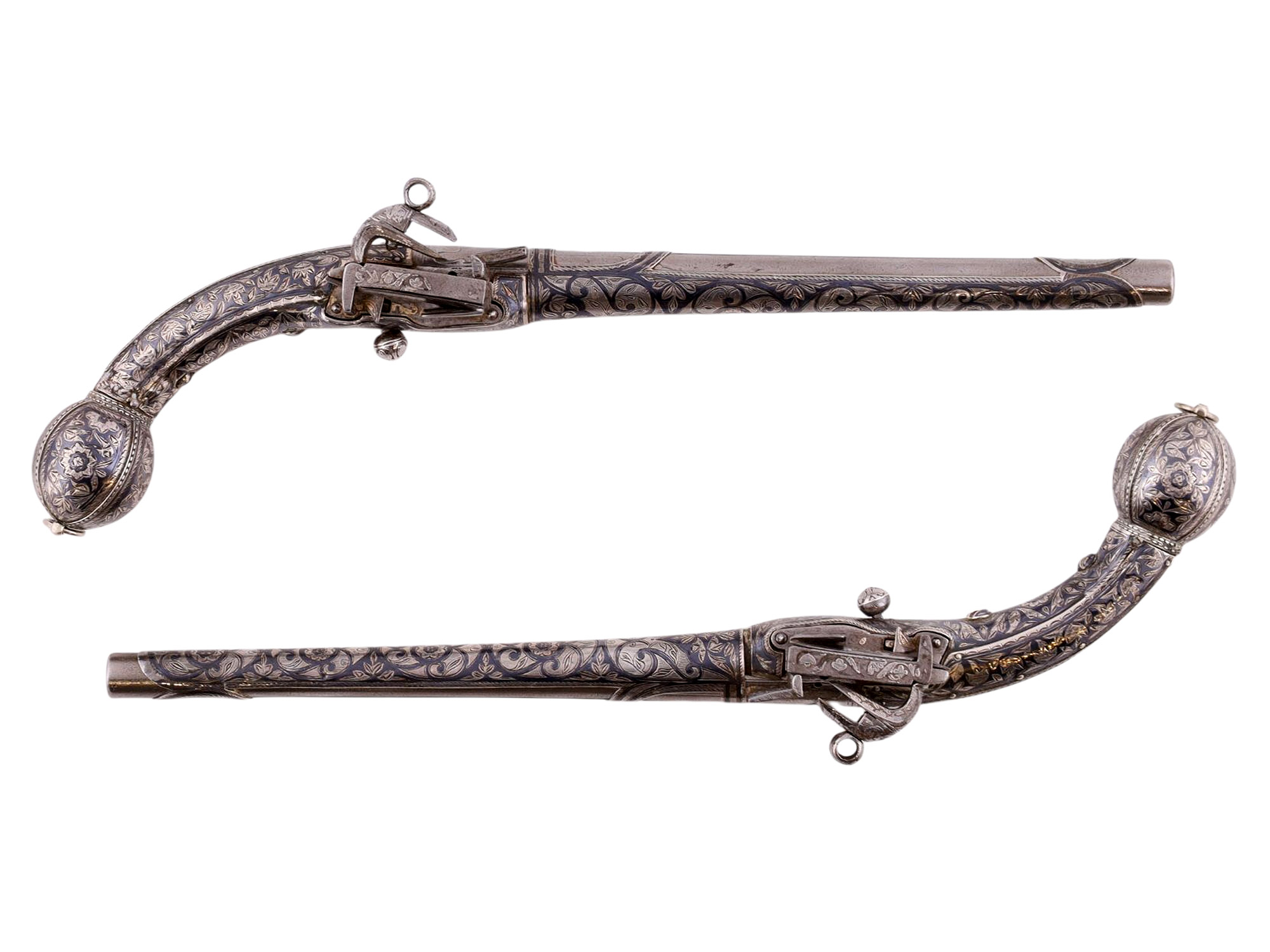 A PAIR OF EXTREMELY FINE CAUCASIAN SILVER FLINTLOCK PISTOLS, 19TH CEN.