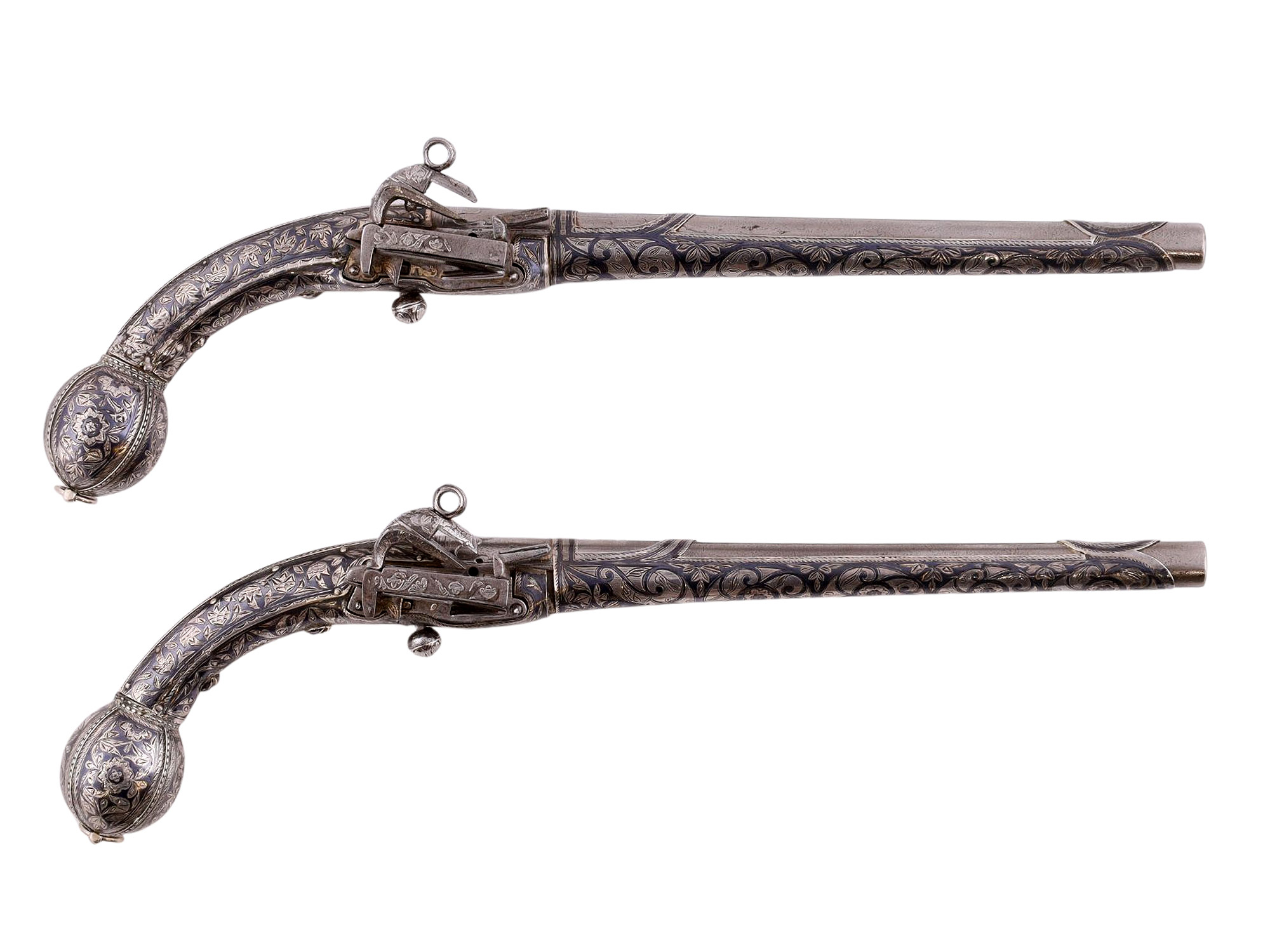 A PAIR OF EXTREMELY FINE CAUCASIAN SILVER FLINTLOCK PISTOLS, 19TH CEN.