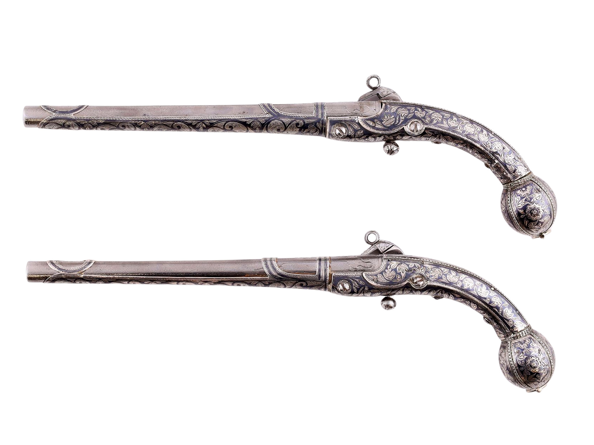 A PAIR OF EXTREMELY FINE CAUCASIAN SILVER FLINTLOCK PISTOLS, 19TH CEN.