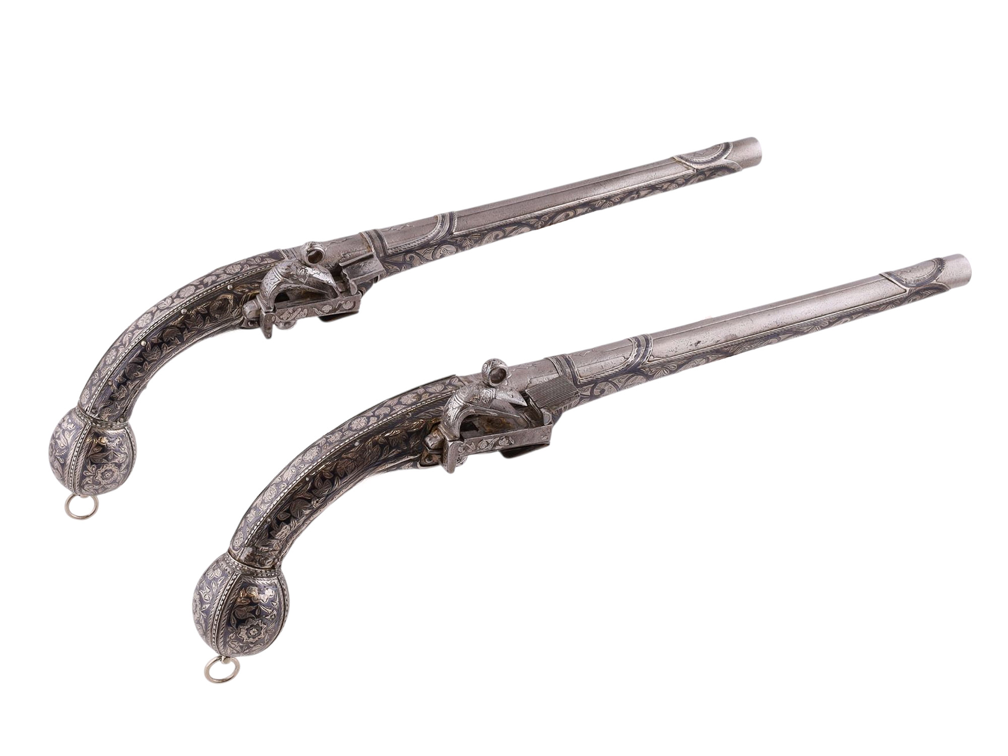 A PAIR OF EXTREMELY FINE CAUCASIAN SILVER FLINTLOCK PISTOLS, 19TH CEN.