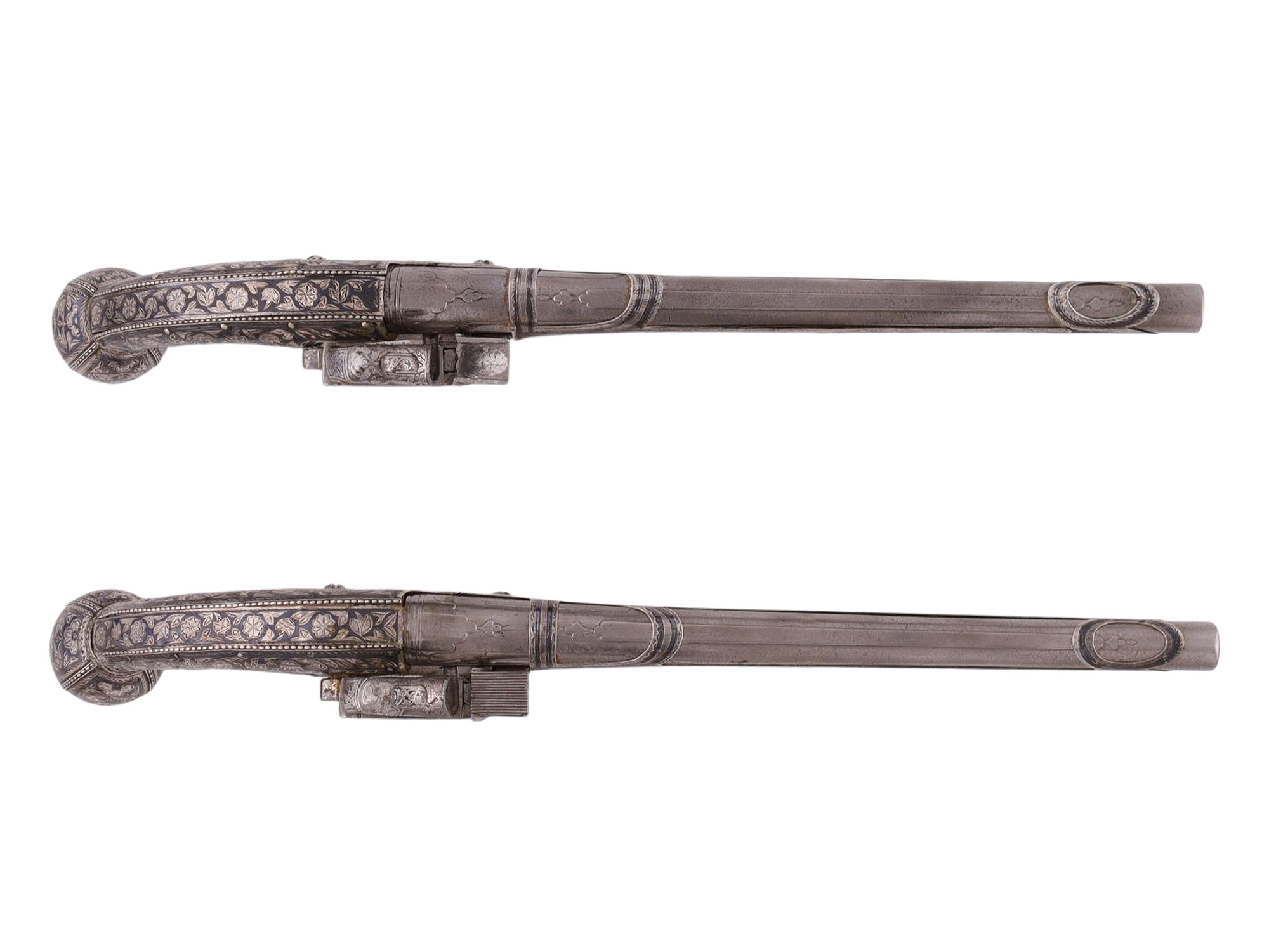 A PAIR OF EXTREMELY FINE CAUCASIAN SILVER FLINTLOCK PISTOLS, 19TH CEN.
