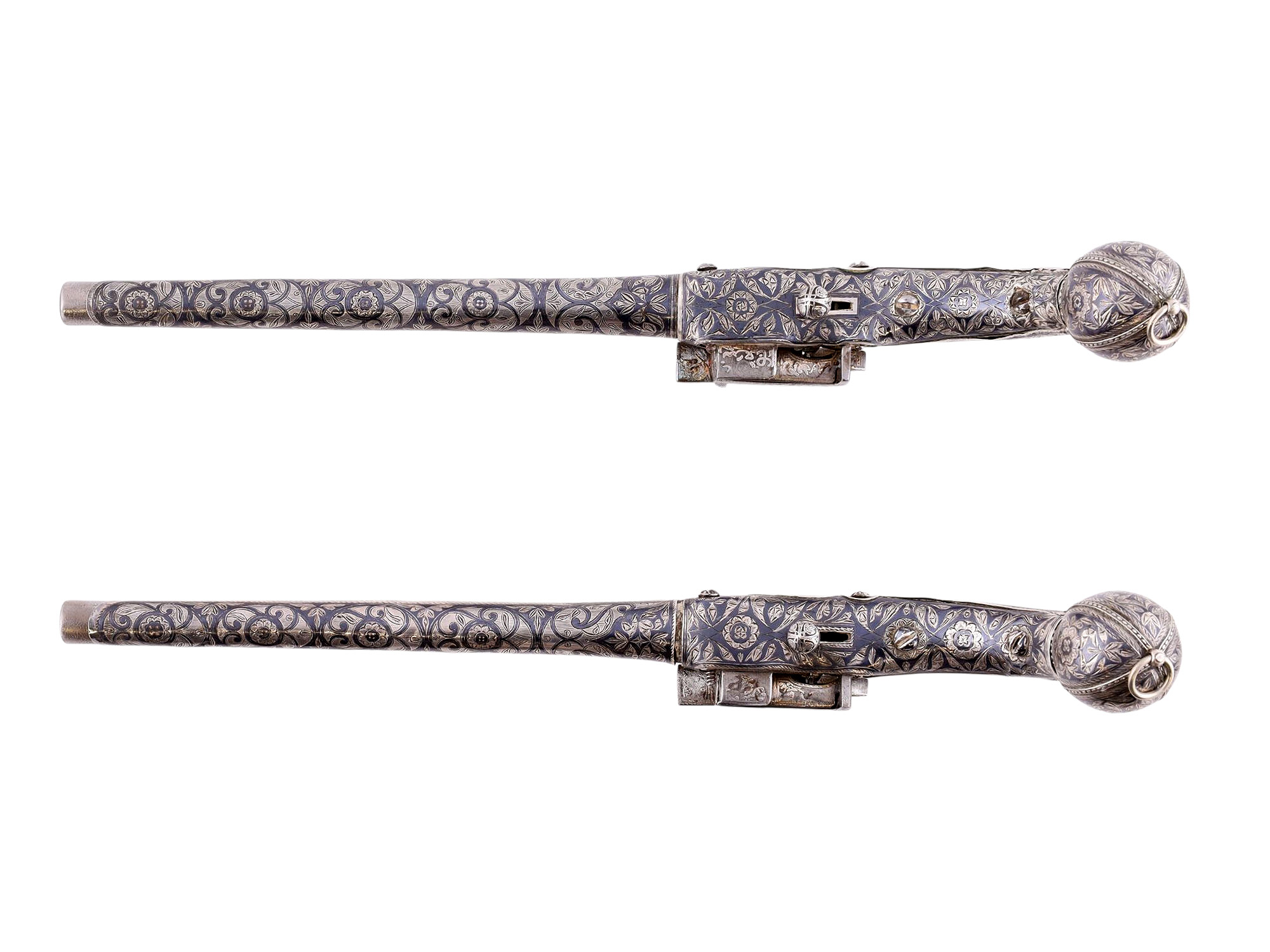 A PAIR OF EXTREMELY FINE CAUCASIAN SILVER FLINTLOCK PISTOLS, 19TH CEN.