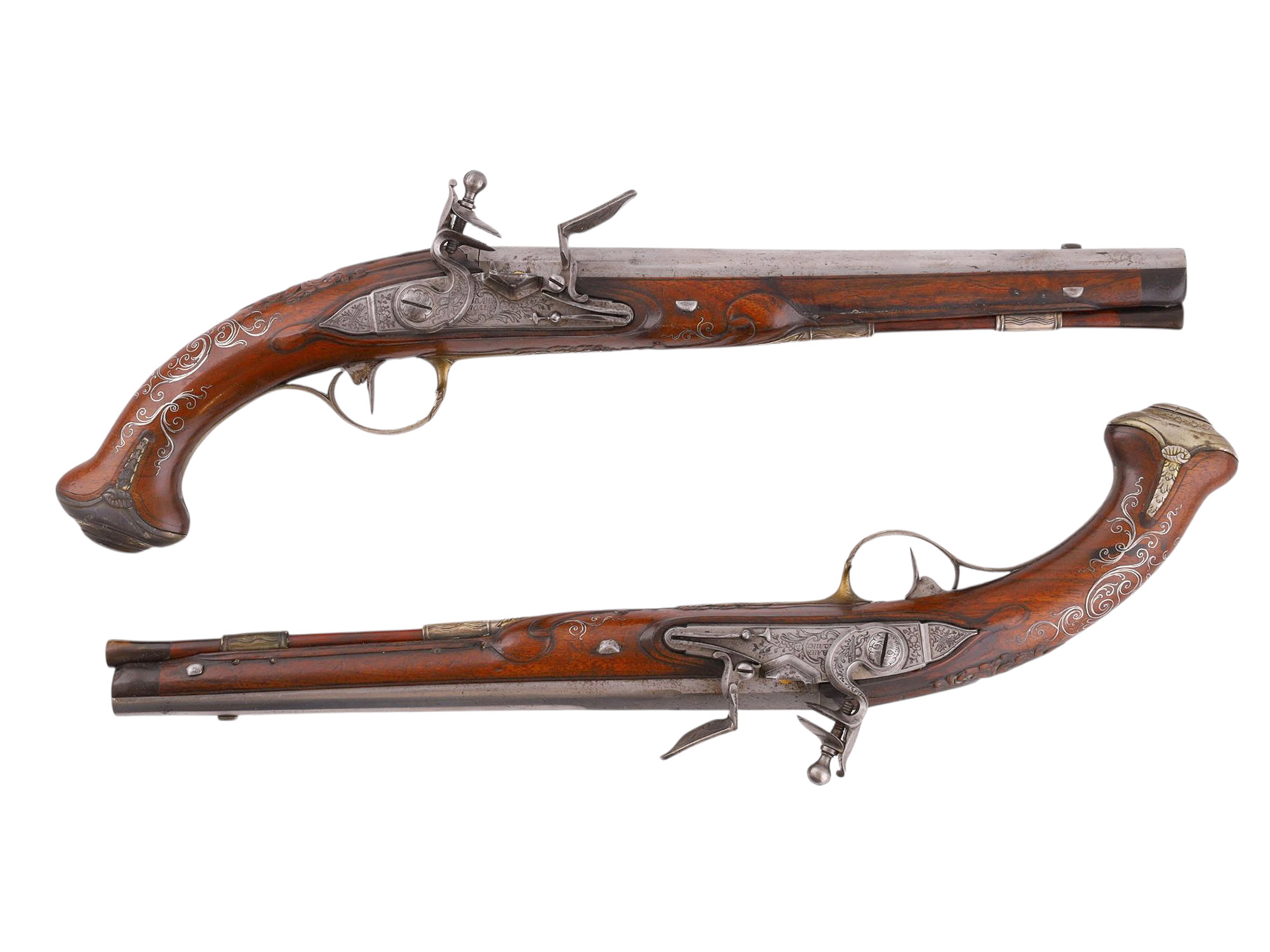 A PAIR OF RARE RUSSIAN TULA FACTORY FLINTLOCK PISTOLS BY IVAN POLIN, 18TH CEN.