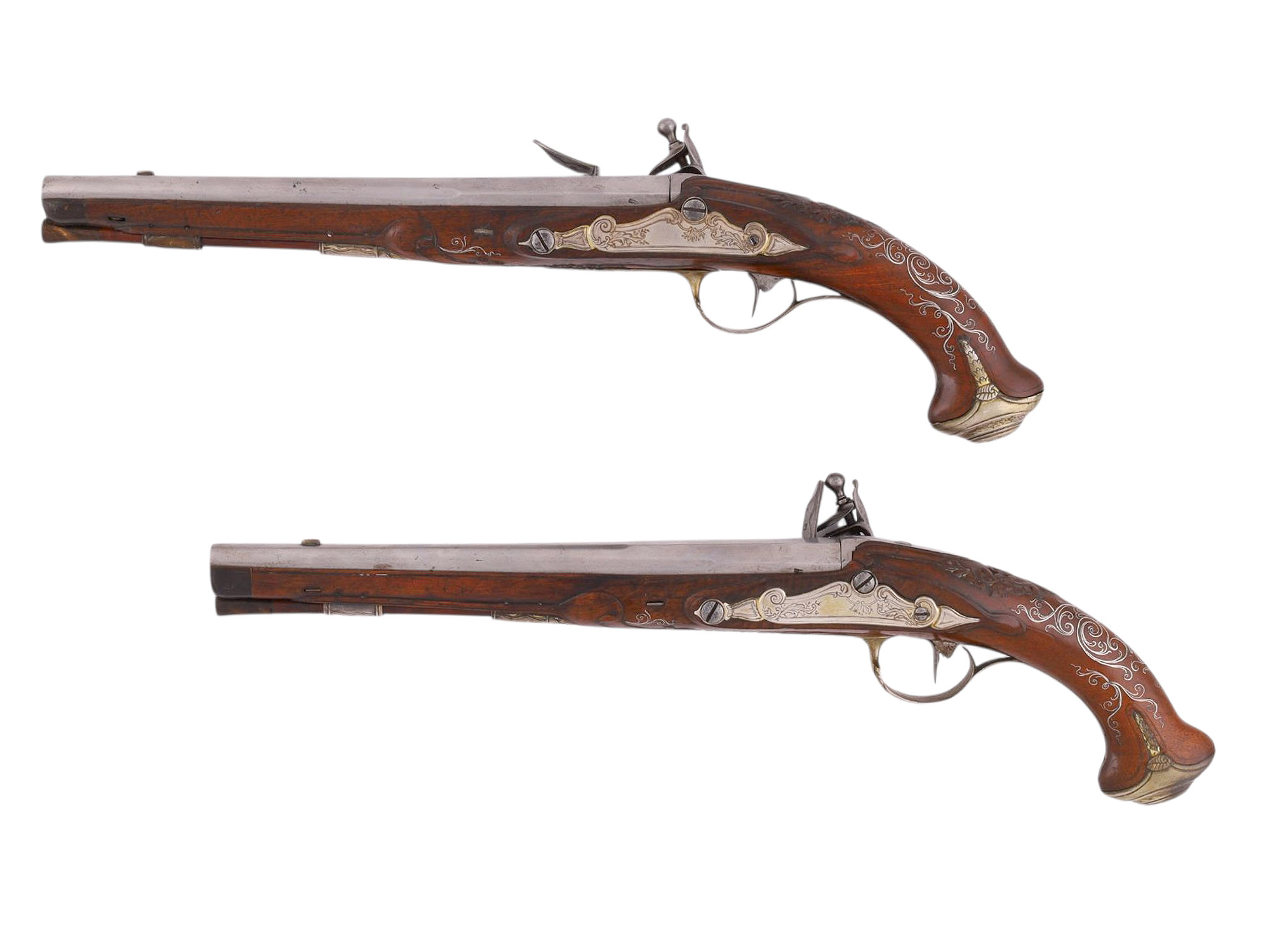 A PAIR OF RARE RUSSIAN TULA FACTORY FLINTLOCK PISTOLS BY IVAN POLIN, 18TH CEN.