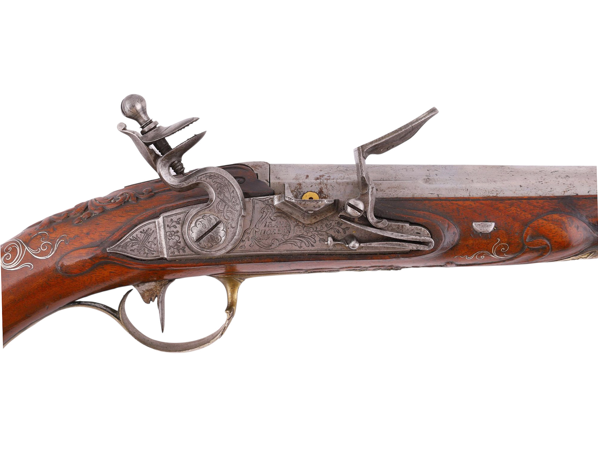 A PAIR OF RARE RUSSIAN TULA FACTORY FLINTLOCK PISTOLS BY IVAN POLIN, 18TH CEN.