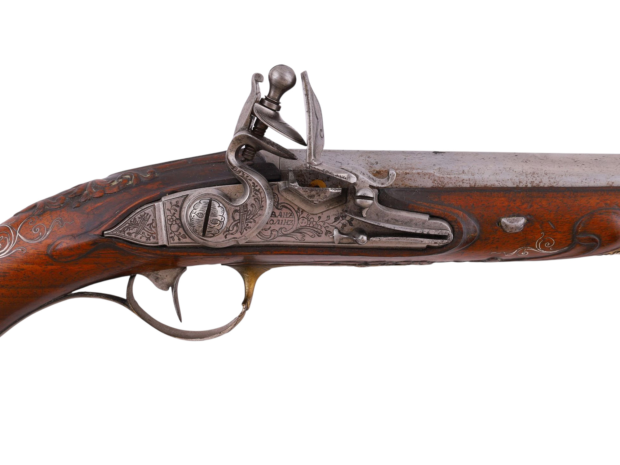 A PAIR OF RARE RUSSIAN TULA FACTORY FLINTLOCK PISTOLS BY IVAN POLIN, 18TH CEN.