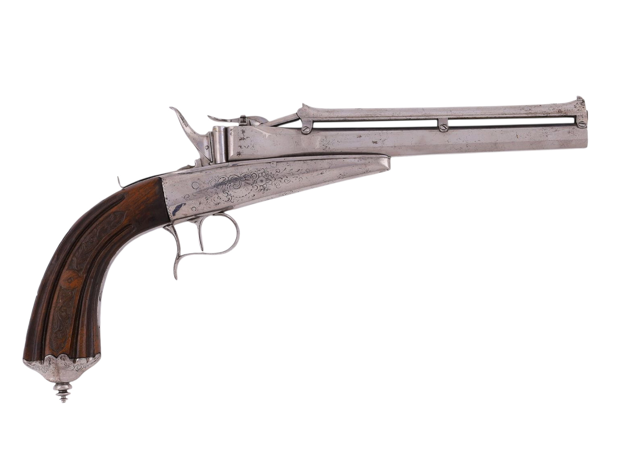 A RARE ENGRAVED VICTOR COLLETTE GRAVITY FEED PISTOL, 19TH CENTURY