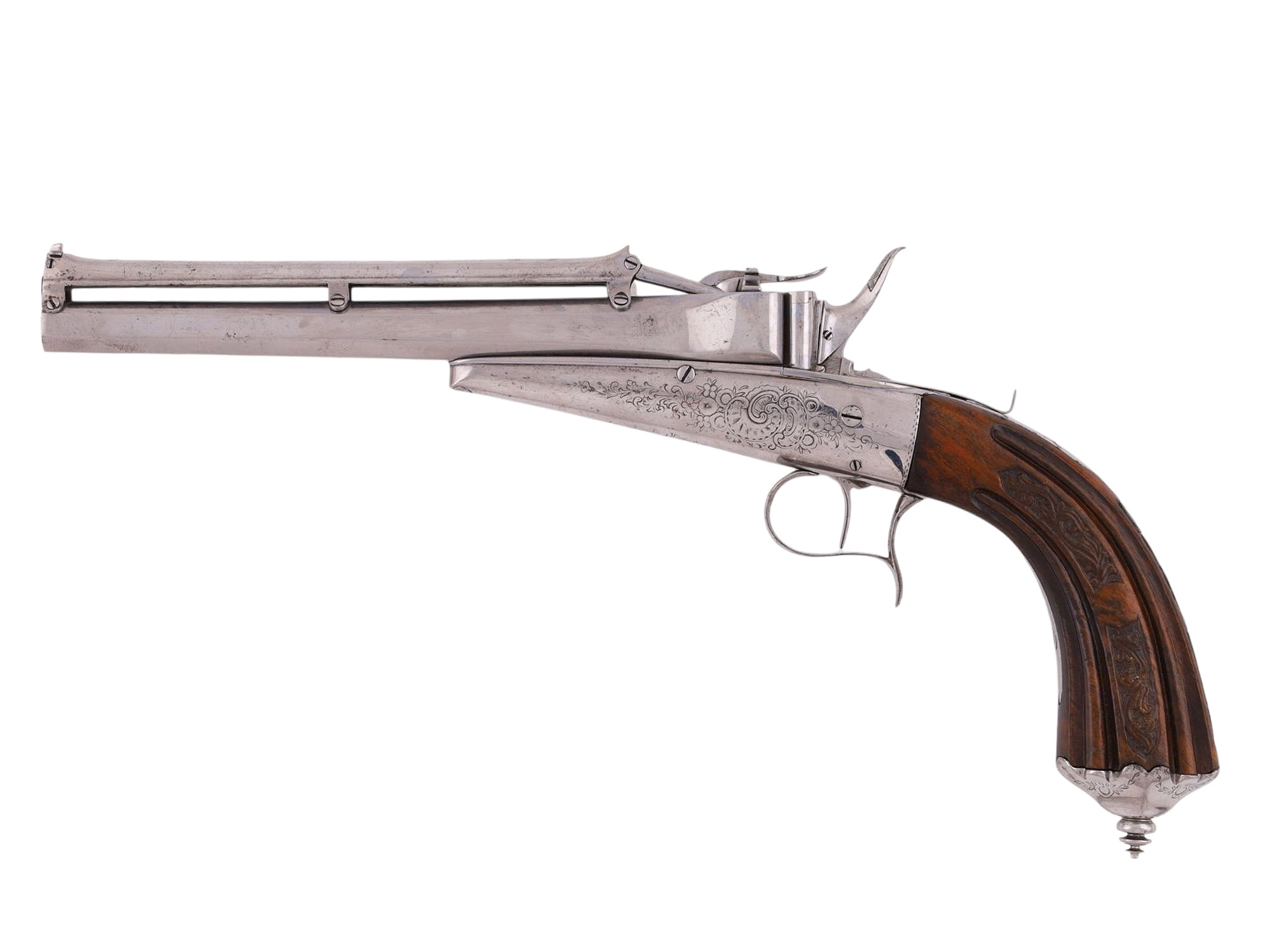 A RARE ENGRAVED VICTOR COLLETTE GRAVITY FEED PISTOL, 19TH CENTURY