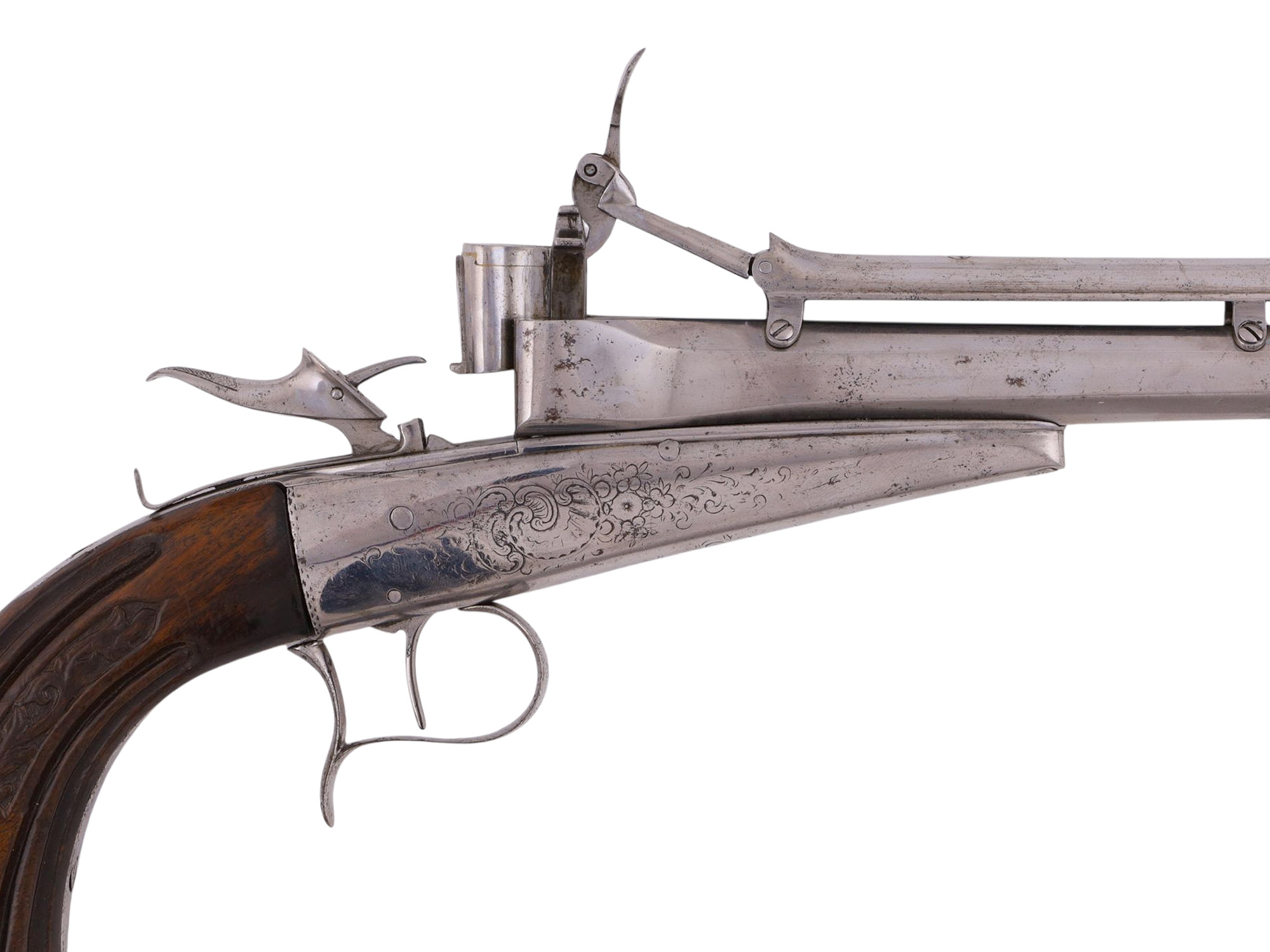 A RARE ENGRAVED VICTOR COLLETTE GRAVITY FEED PISTOL, 19TH CENTURY