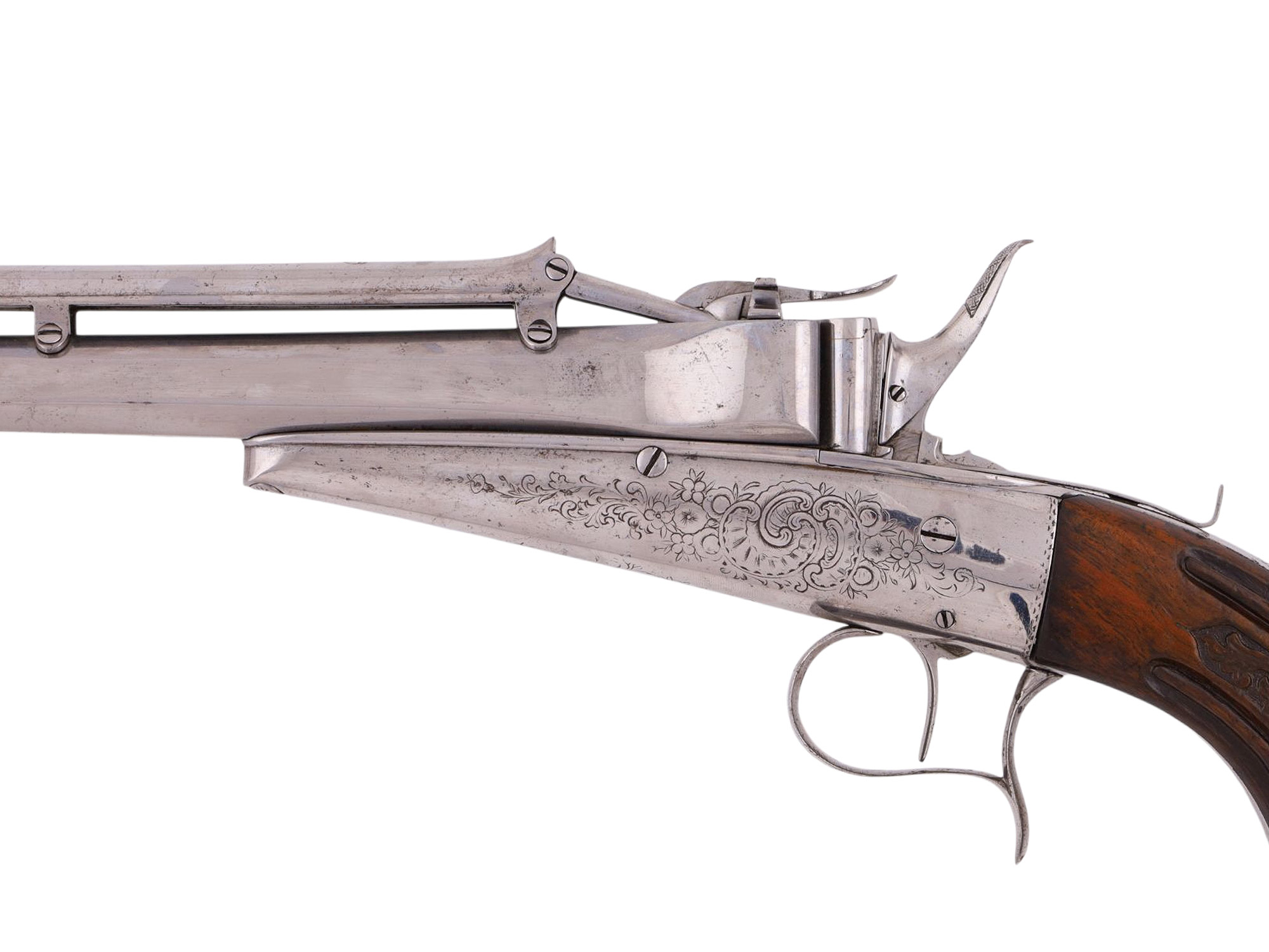 A RARE ENGRAVED VICTOR COLLETTE GRAVITY FEED PISTOL, 19TH CENTURY