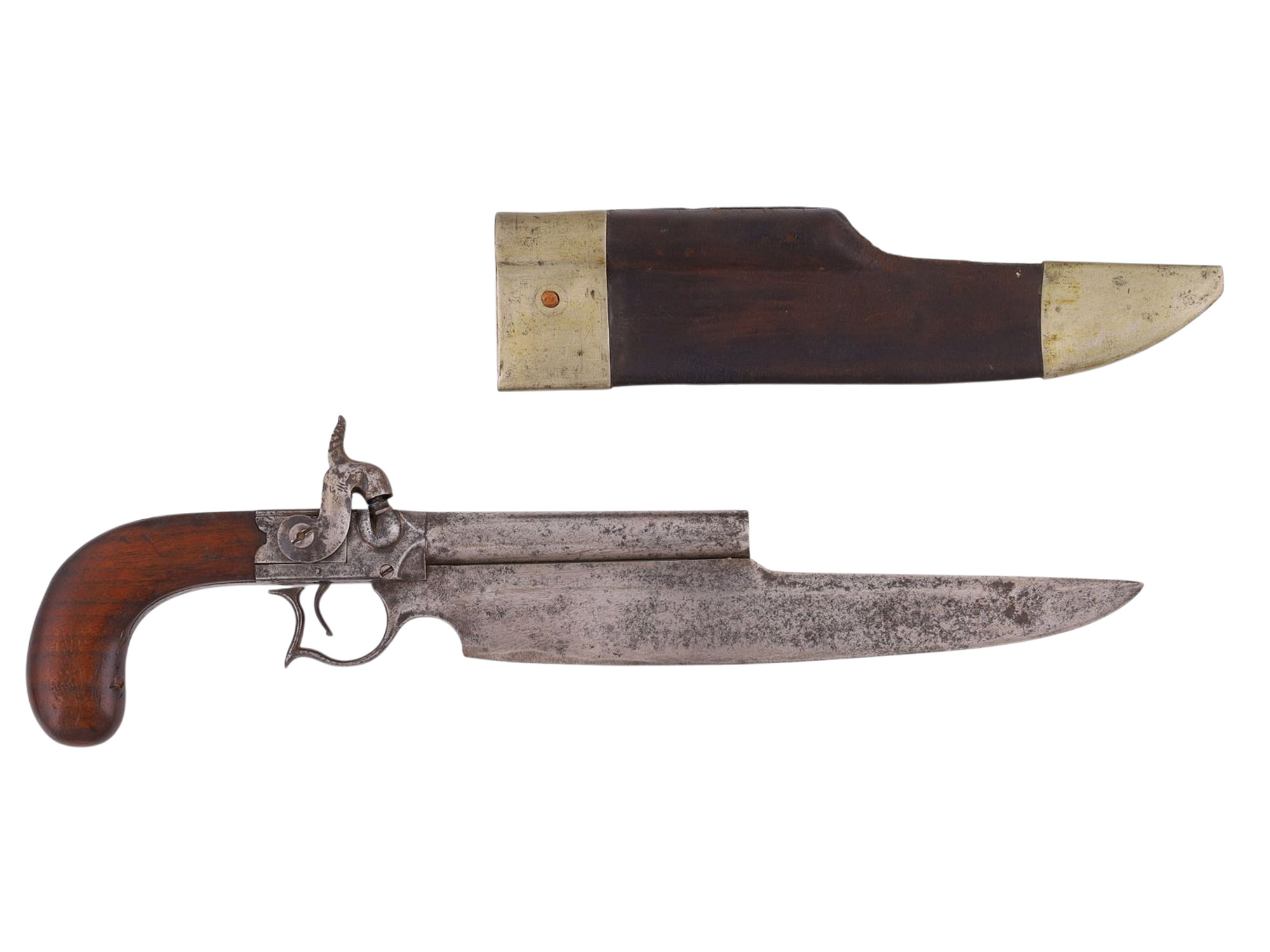 A MORRILL, MOSMAN & BLAIR ELGIN PATENT CUTLASS PERCUSSION PISTOL WITH SHEATH, C. 1837