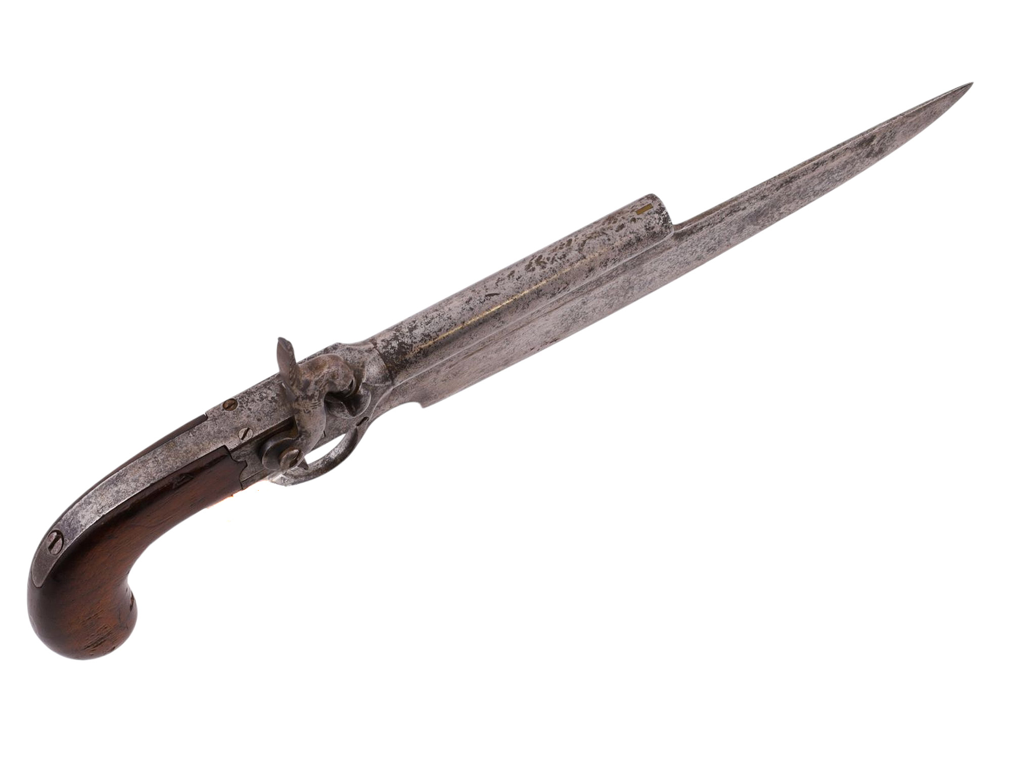 A MORRILL, MOSMAN & BLAIR ELGIN PATENT CUTLASS PERCUSSION PISTOL WITH SHEATH, C. 1837