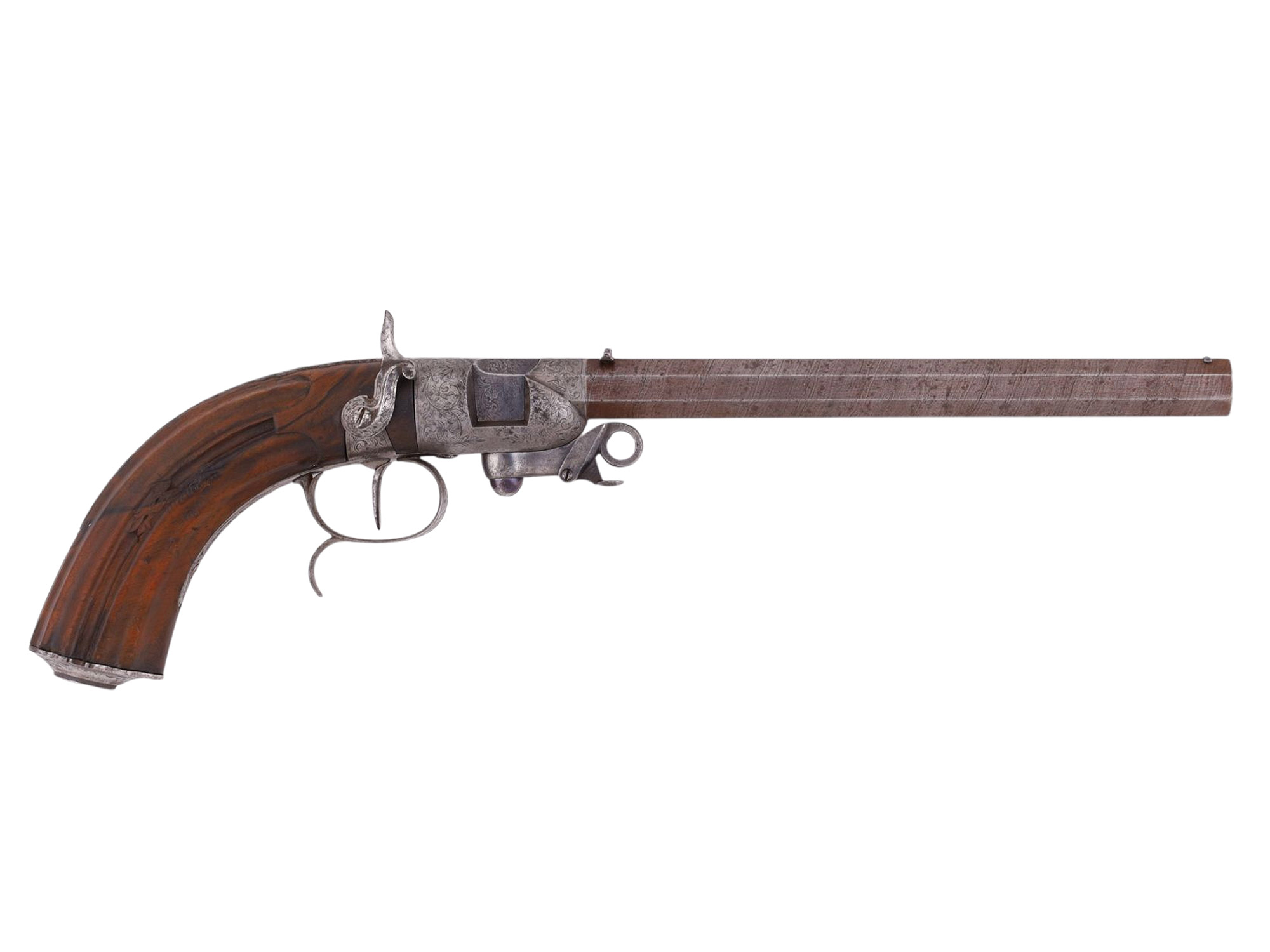 A RARE ENGRAVED BERINGER SYSTEM ROTATING BREECH LOADING PISTOL WITH DAMASCUS STEEL BARREL, 19TH CENTURY
