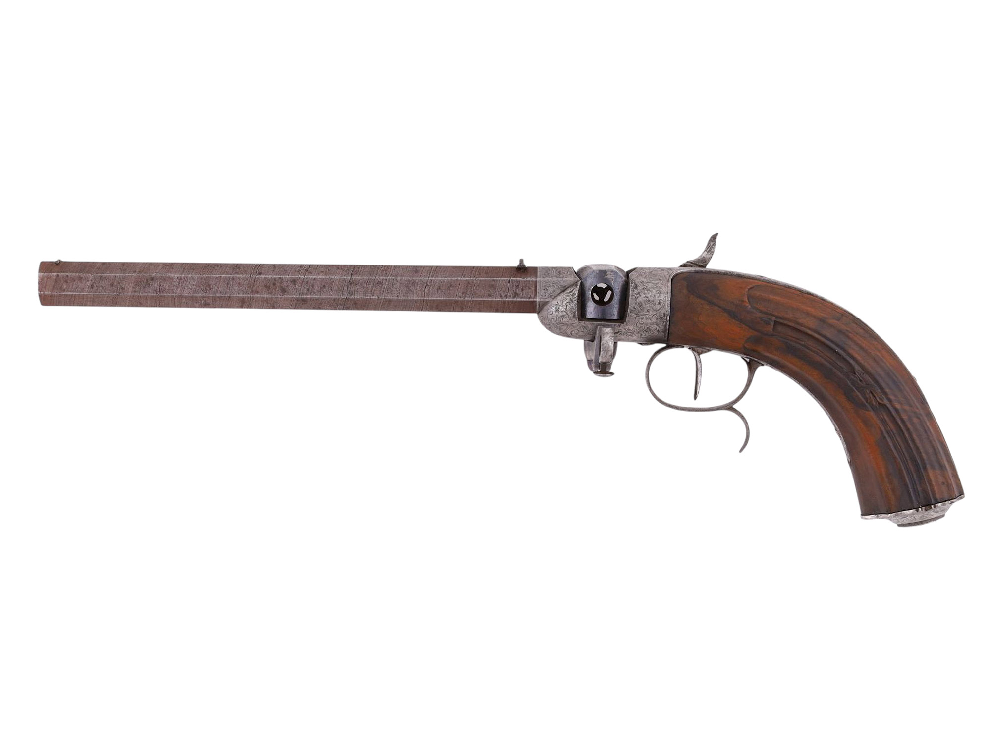 A RARE ENGRAVED BERINGER SYSTEM ROTATING BREECH LOADING PISTOL WITH DAMASCUS STEEL BARREL, 19TH CENTURY