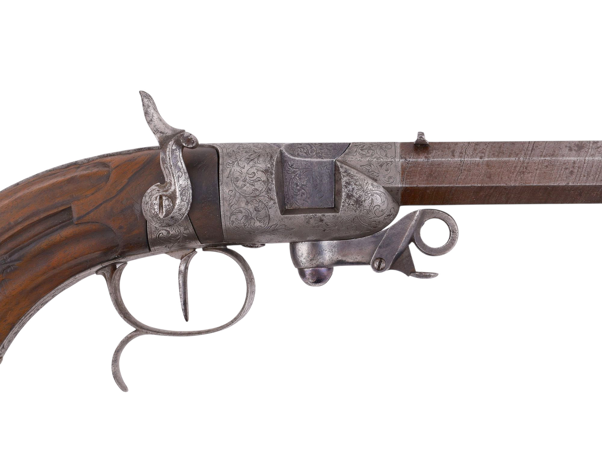 A RARE ENGRAVED BERINGER SYSTEM ROTATING BREECH LOADING PISTOL WITH DAMASCUS STEEL BARREL, 19TH CENTURY