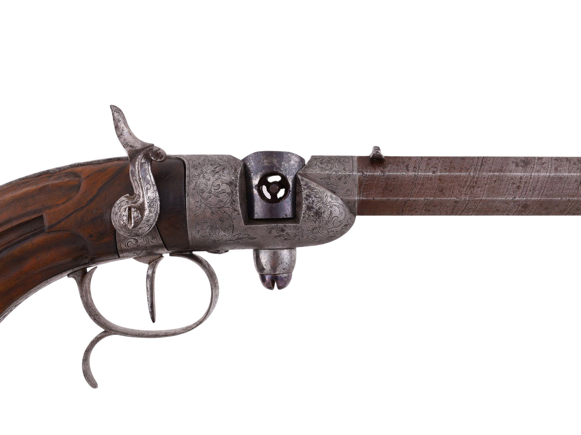 A RARE ENGRAVED BERINGER SYSTEM ROTATING BREECH LOADING PISTOL WITH DAMASCUS STEEL BARREL, 19TH CENTURY